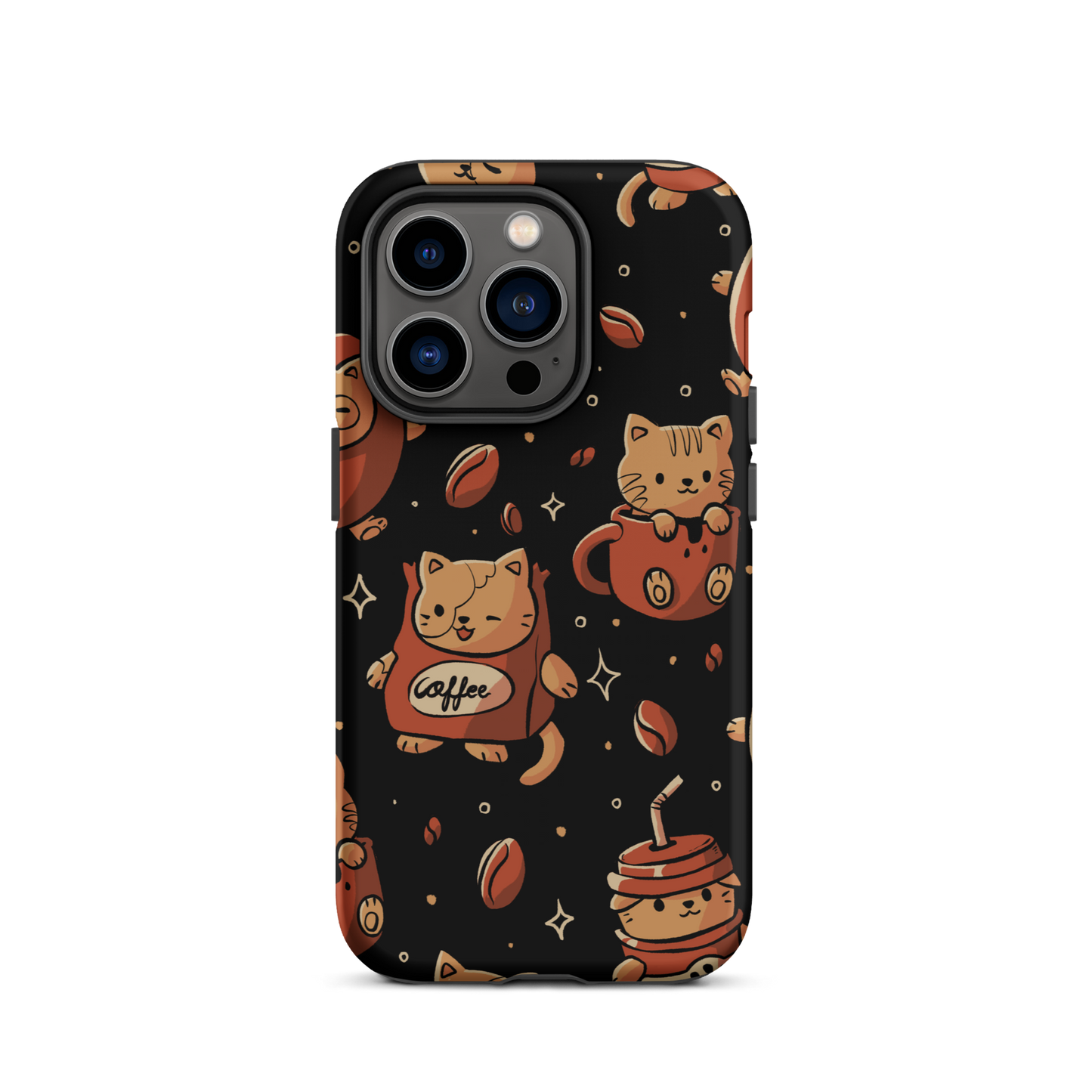 A pattern featuring several cute kittens appears in different coffee-themed versions: inside cups, as coffee beans, and on playful packaging. This artwork combines a love for cats and coffee in a charming and humorous composition. Perfect for cat lovers, coffee lovers, baristas, and anyone who enjoys cute and cozy designs.