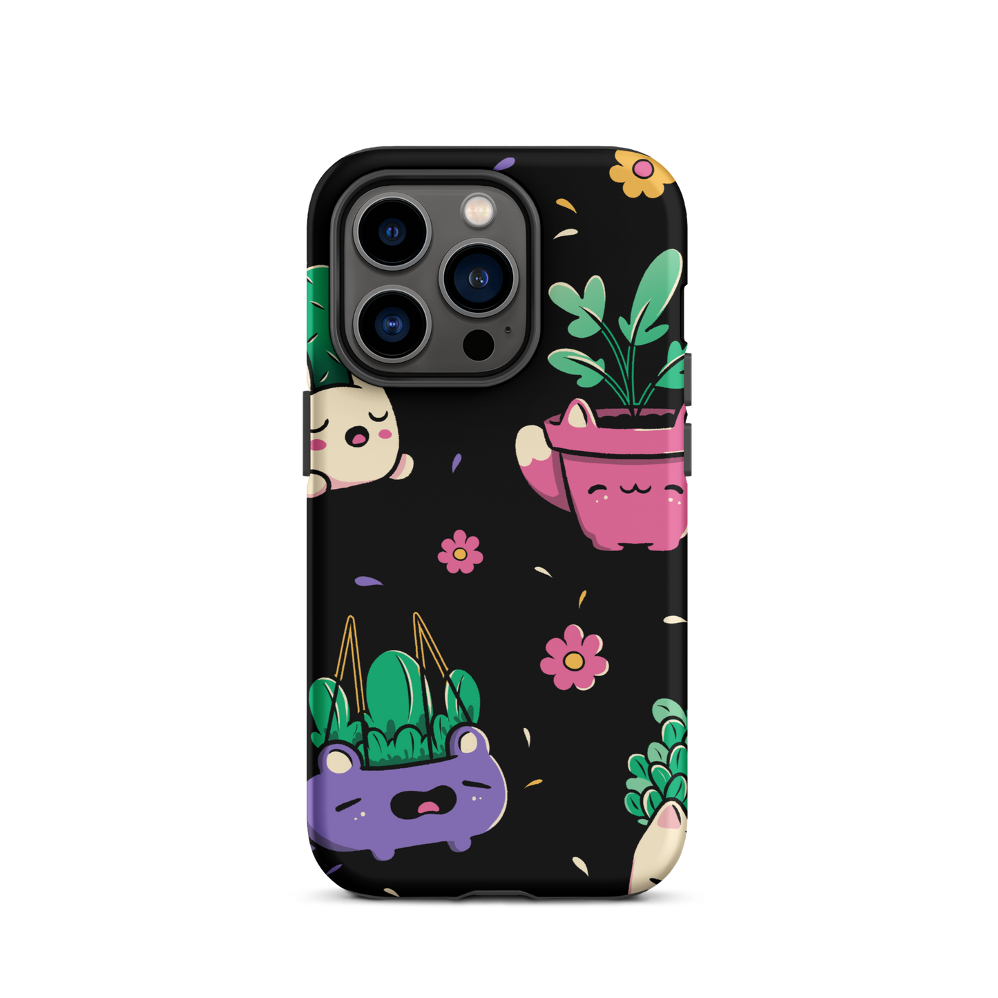 An endearing pattern featuring petite potted plants creatively shaped like adorable animals, arranged in a charming repeating composition. This enchanting design is perfect for plant enthusiasts who adore greenery and love surrounding themselves with whimsical, nature-inspired details.