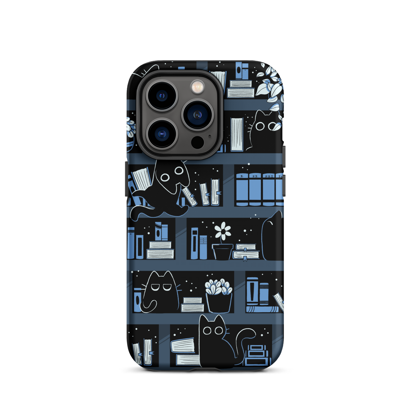 A pattern designed to resemble one large bookshelf filled with books, plants and playful little black kittens tucked between the shelves. An artwork in shades of black and blue, perfect for those who love cats, books and plants.