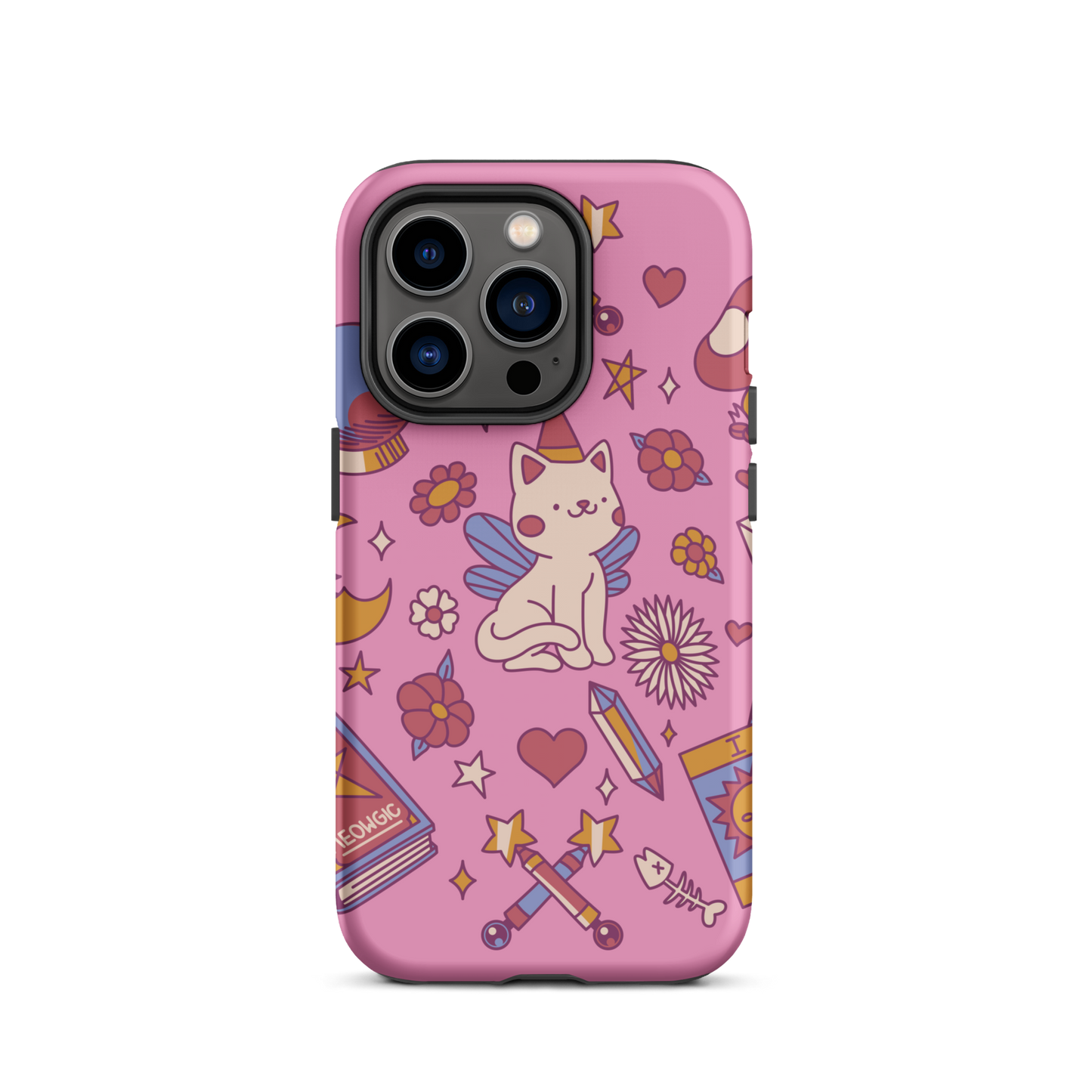The artwork depicts a magical kitten with wings and a little hat, surrounded by crystals, flowers, tarot cards, mushrooms, and mystical elements in pastel shades. The design blends cute fantasy with colorful witchy aesthetics, creating an enchanting, lighthearted composition full of fun details. Perfect for lovers of cute mysticism, tarot, magical cats, and anyone who enjoys colorful prints with a magical vibe.