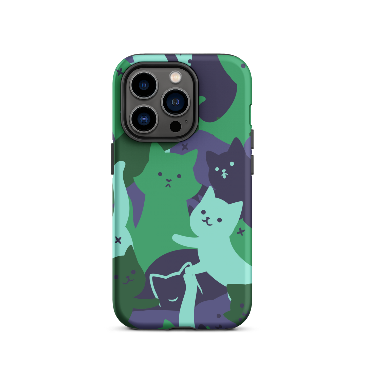 A playful pattern featuring multiple kittens in shades of green and blue, arranged to create a soft camouflage effect. This design blends cute cats with a modern pattern aesthetic, perfect for fans of fun, stylish, and whimsical art.