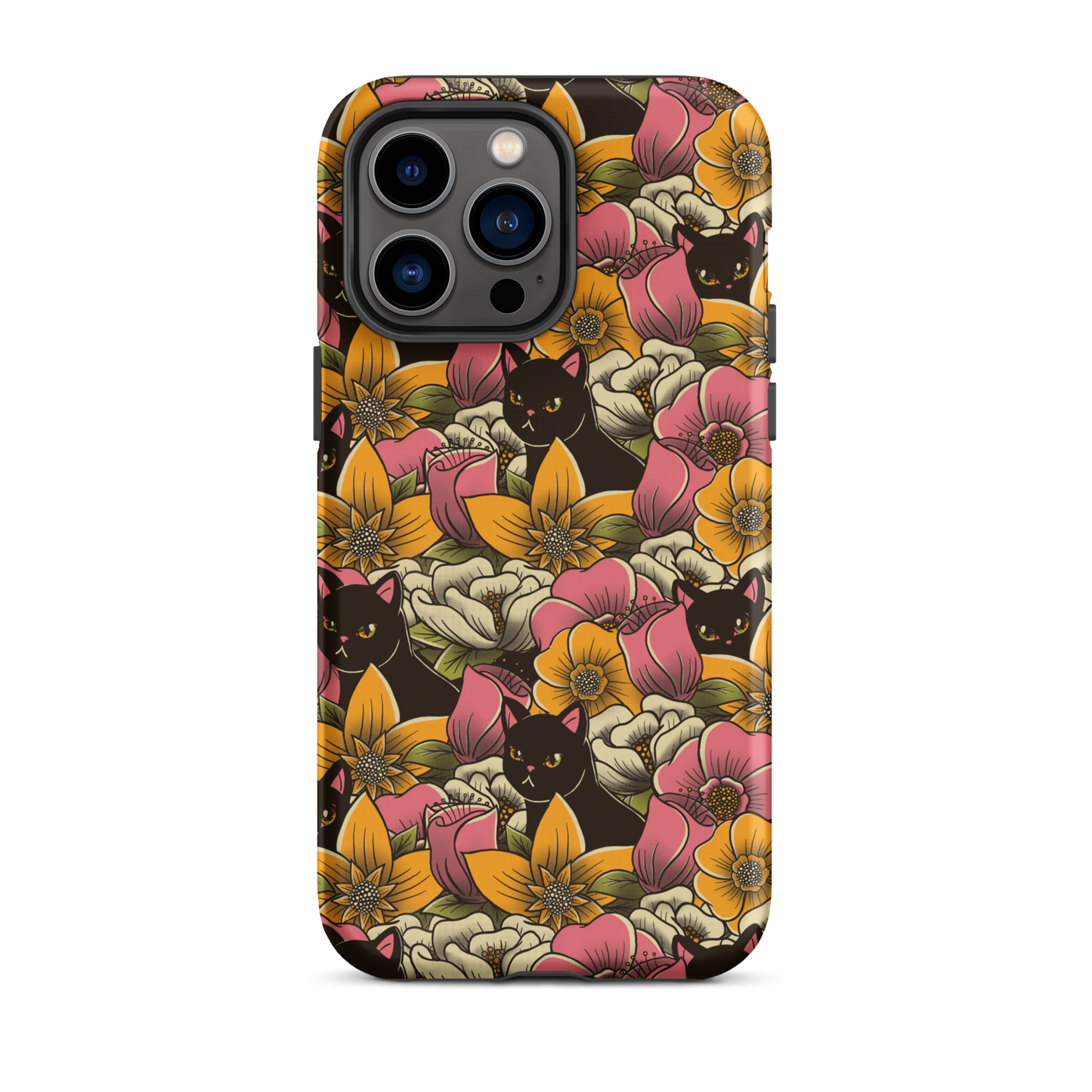 The image features a repeating pattern of colorful flowers in pink, yellow, and cream hues with lush green foliage. Interspersed among the flowers are playful black cats with bright eyes. The design has a whimsical and vibrant feel, ideal for various products like t-shirts, stickers, coffee cups, and skateboards. The style is reminiscent of traditional floral art blended with playful elements of animal decor.