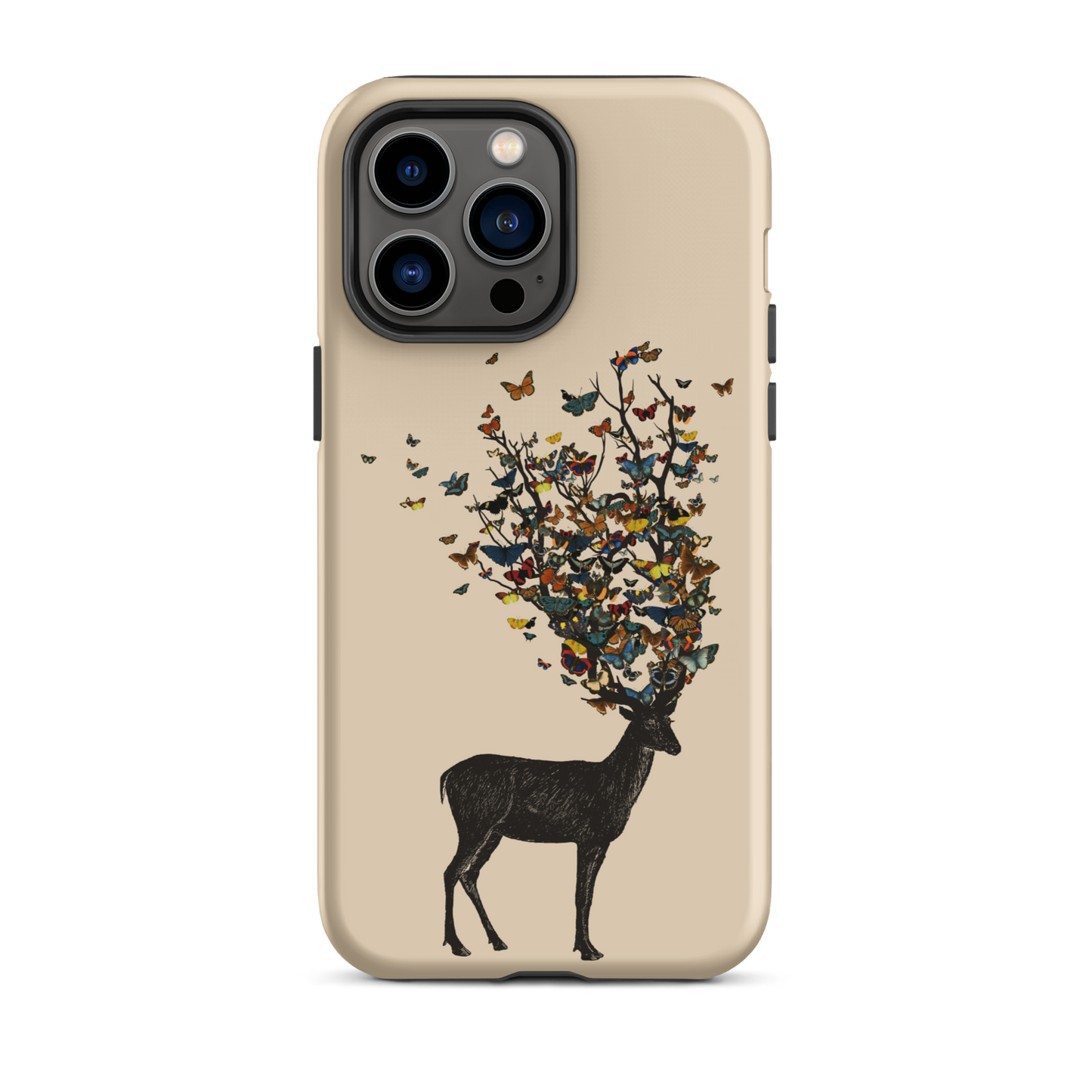The image depicts a dark, silhouetted deer standing on a neutral background. Instead of branches, its antlers transform into a swirling cloud of vibrant, colorful butterflies that extend upwards and outward. The mix of organic and ethereal elements creates a captivating and whimsical visual contrast.