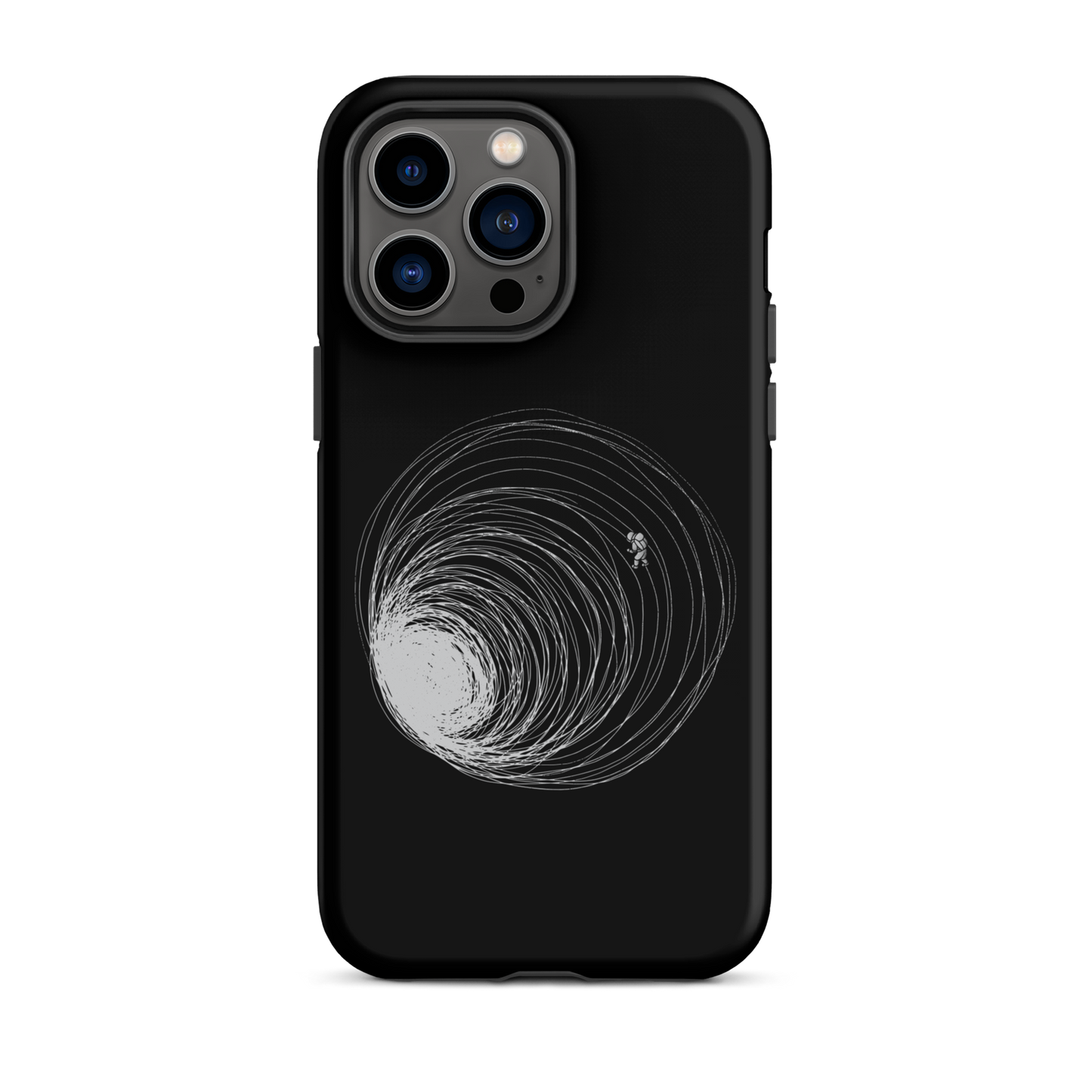 A big black hole with an astronaut floating around as if being sucked into it. A minimalist art perfect for those who love space.