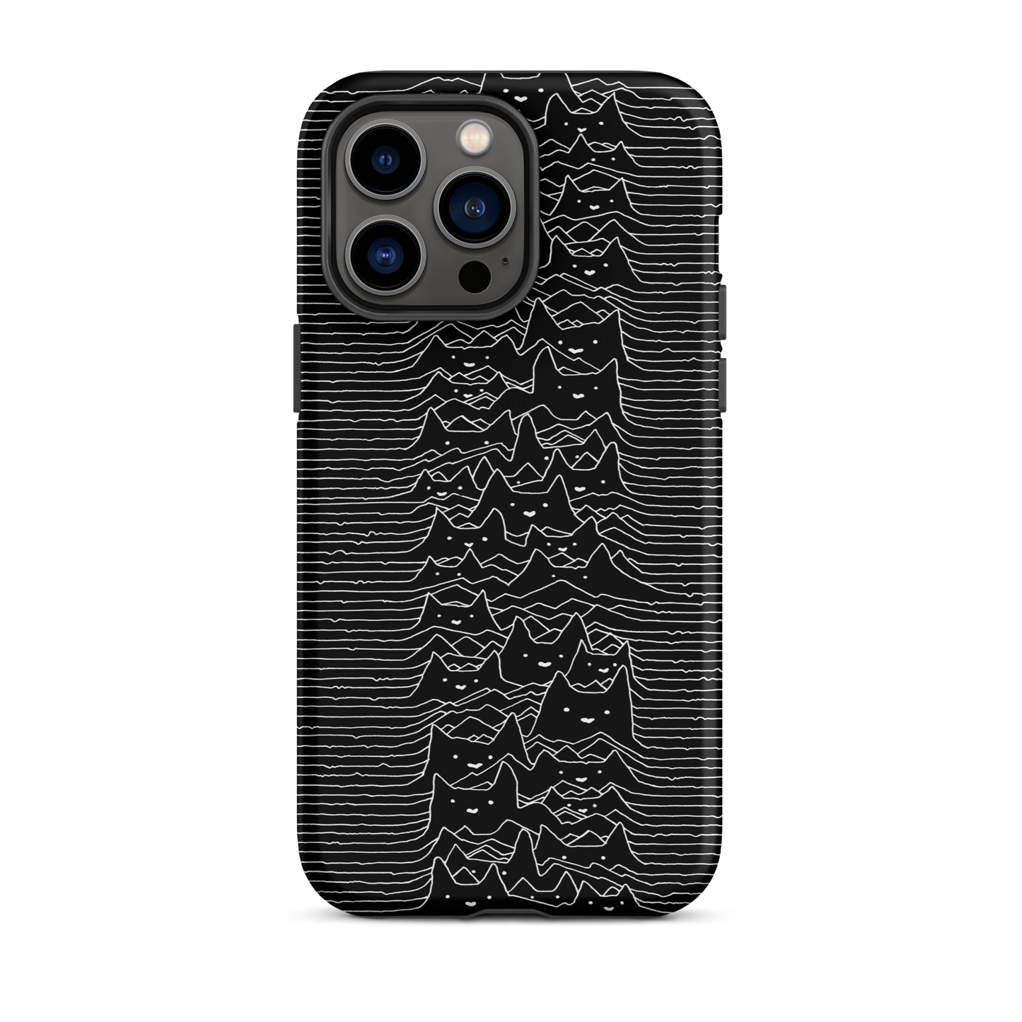 The drawing is a series of continuous wavy lines forming a pattern reminiscent of sound waves or topographic maps, but with an unexpected twist: the lines create the shapes of numerous cat faces stacked vertically. Each cat has simple, expressive features with pointed ears, adding a whimsical element to the otherwise structured pattern.