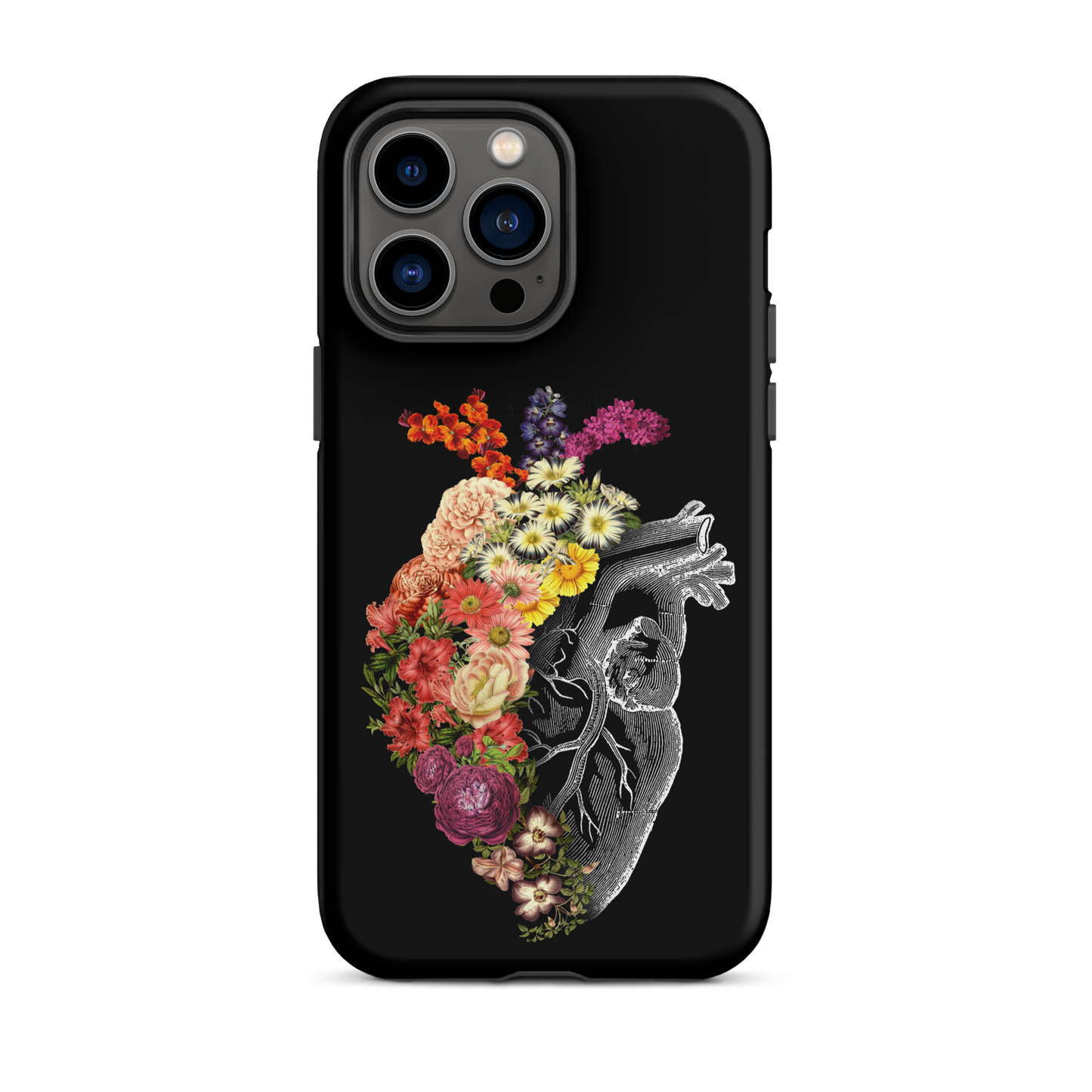 The design is an intricate and anatomical drawing of a human heart on a black background. The left side of the heart morphs into a vibrant assortment of colorful flowers, including roses, daisies, and other blooming blossoms, creating a striking contrast between the realistic and the surreal, symbolizing the harmony between nature and humanity.