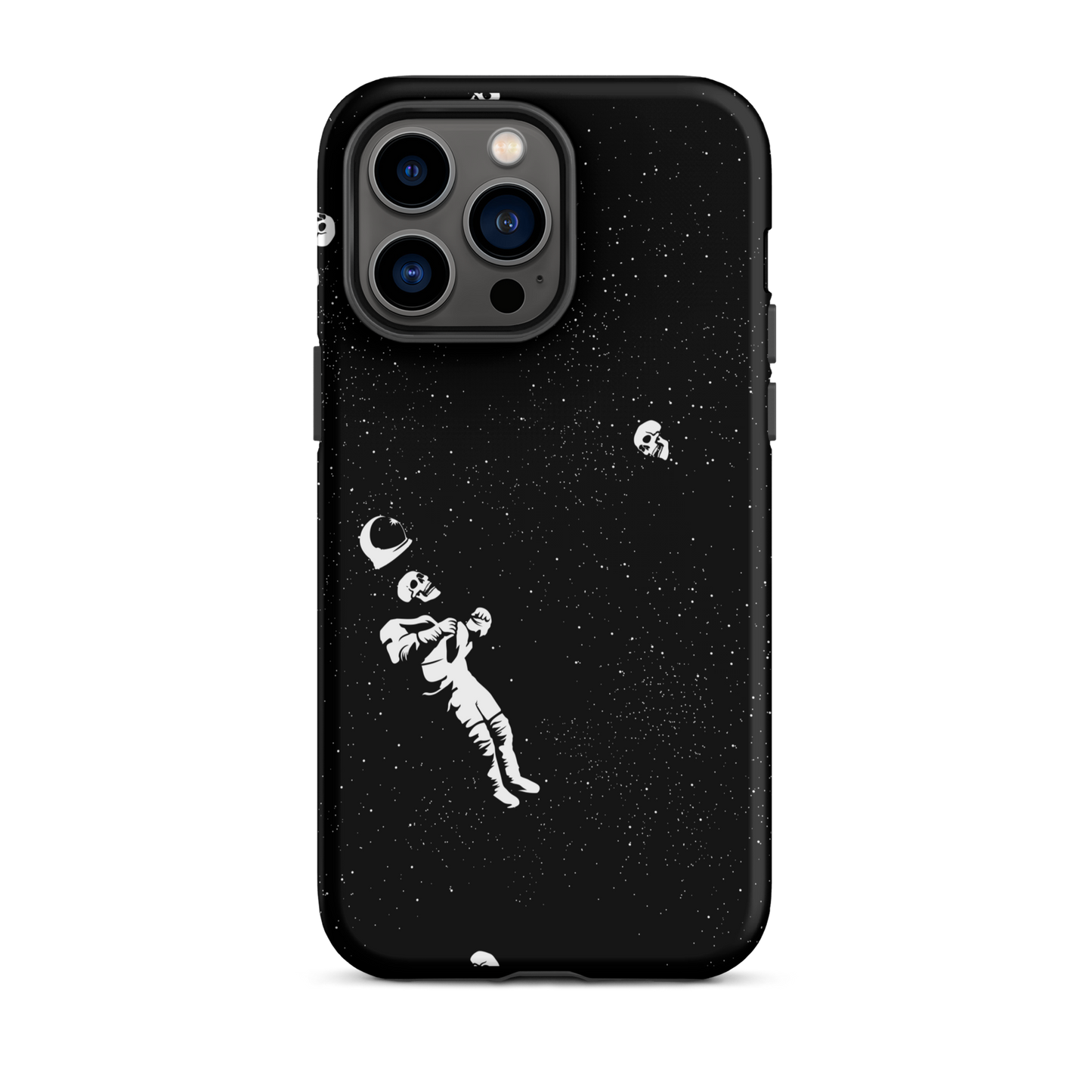 This image features a white astronaut figures floating in a dark, starry space background. The astronaut is surrounded by small celestial bodies and crescent moons, giving a sense of drifting through the cosmos. The design is intricate and has a whimsical, dreamy quality, with a vintage-inspired look, evoking a sense of exploration and wonder.