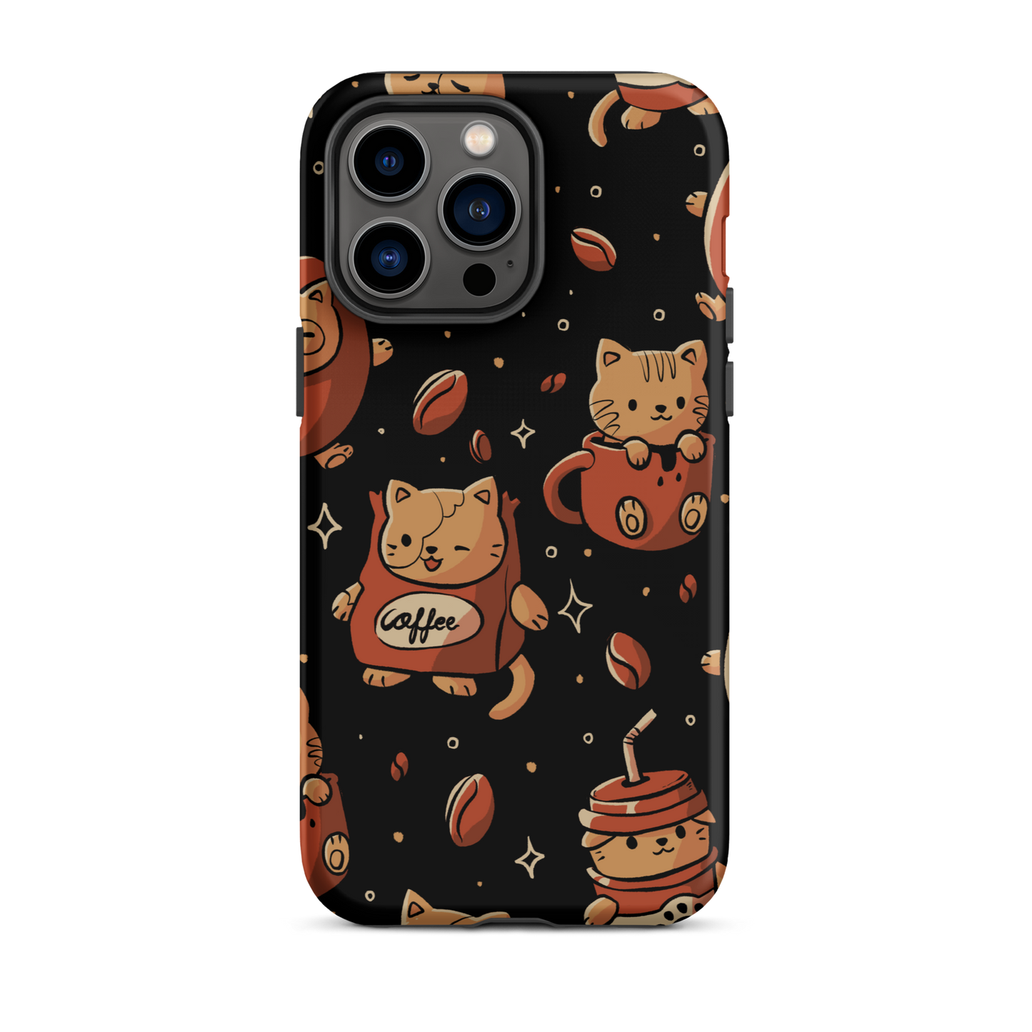 A pattern featuring several cute kittens appears in different coffee-themed versions: inside cups, as coffee beans, and on playful packaging. This artwork combines a love for cats and coffee in a charming and humorous composition. Perfect for cat lovers, coffee lovers, baristas, and anyone who enjoys cute and cozy designs.