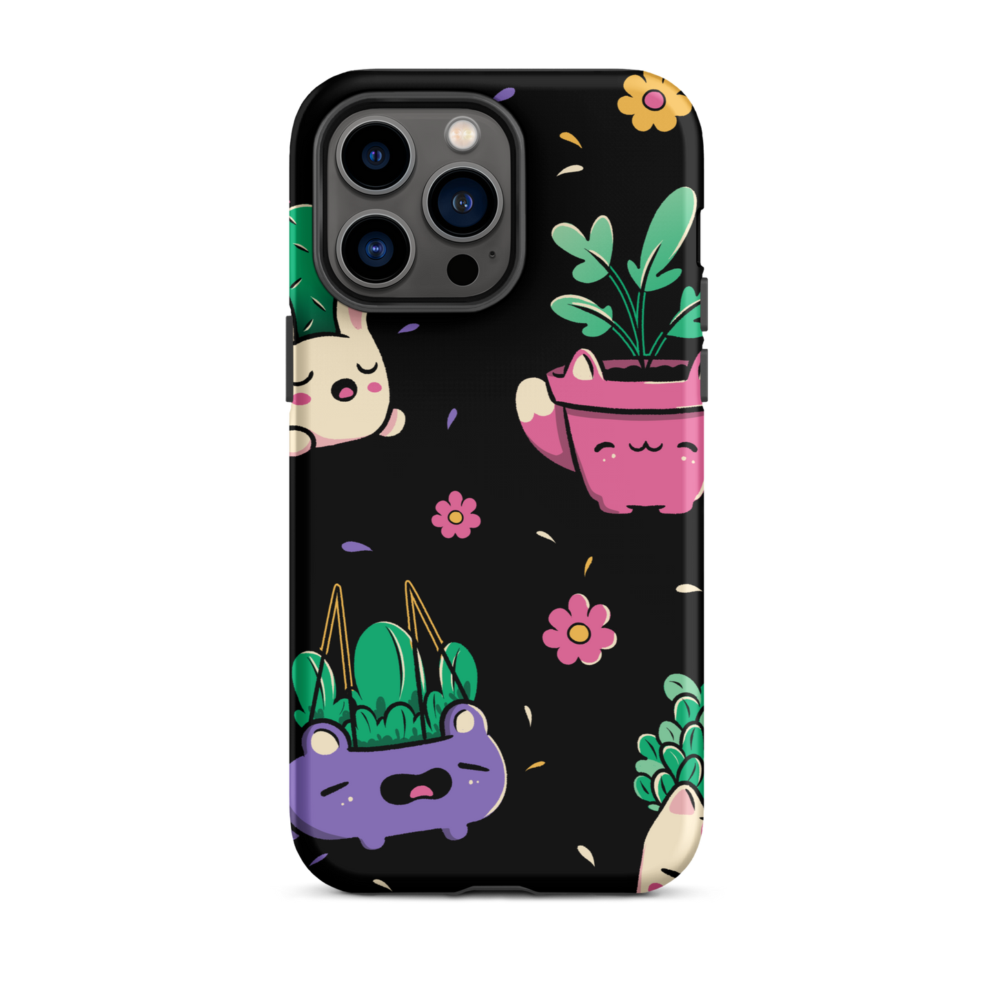 An endearing pattern featuring petite potted plants creatively shaped like adorable animals, arranged in a charming repeating composition. This enchanting design is perfect for plant enthusiasts who adore greenery and love surrounding themselves with whimsical, nature-inspired details.