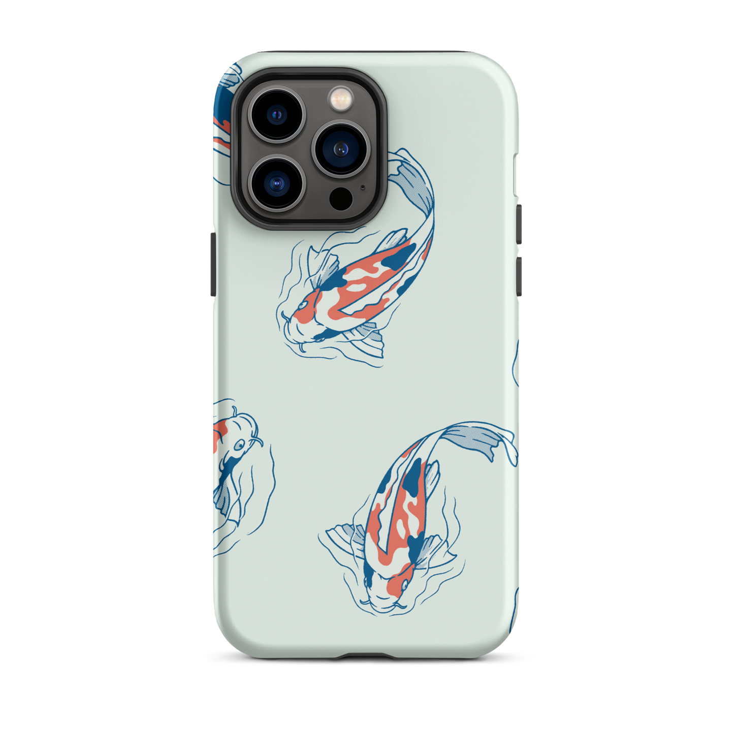 A pattern featuring koi fish gracefully swimming across a calm blue pond. A minimalist design inspired by Japanese illustration, bringing a gentle sense of peace and serenity.