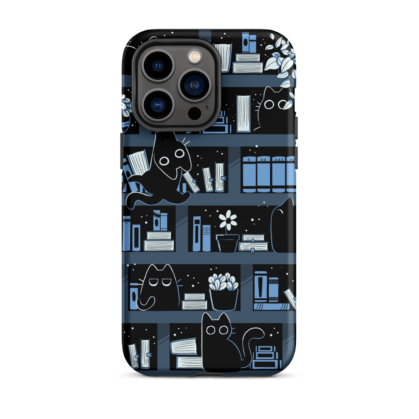 A pattern designed to resemble one large bookshelf filled with books, plants and playful little black kittens tucked between the shelves. An artwork in shades of black and blue, perfect for those who love cats, books and plants.