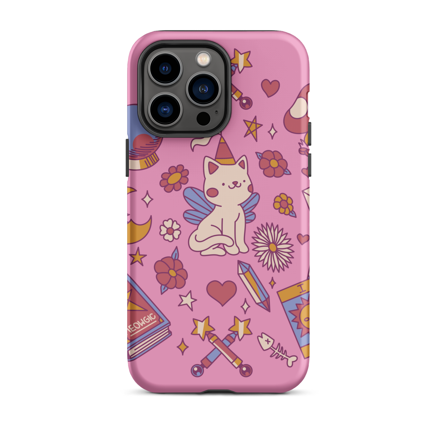 The artwork depicts a magical kitten with wings and a little hat, surrounded by crystals, flowers, tarot cards, mushrooms, and mystical elements in pastel shades. The design blends cute fantasy with colorful witchy aesthetics, creating an enchanting, lighthearted composition full of fun details. Perfect for lovers of cute mysticism, tarot, magical cats, and anyone who enjoys colorful prints with a magical vibe.