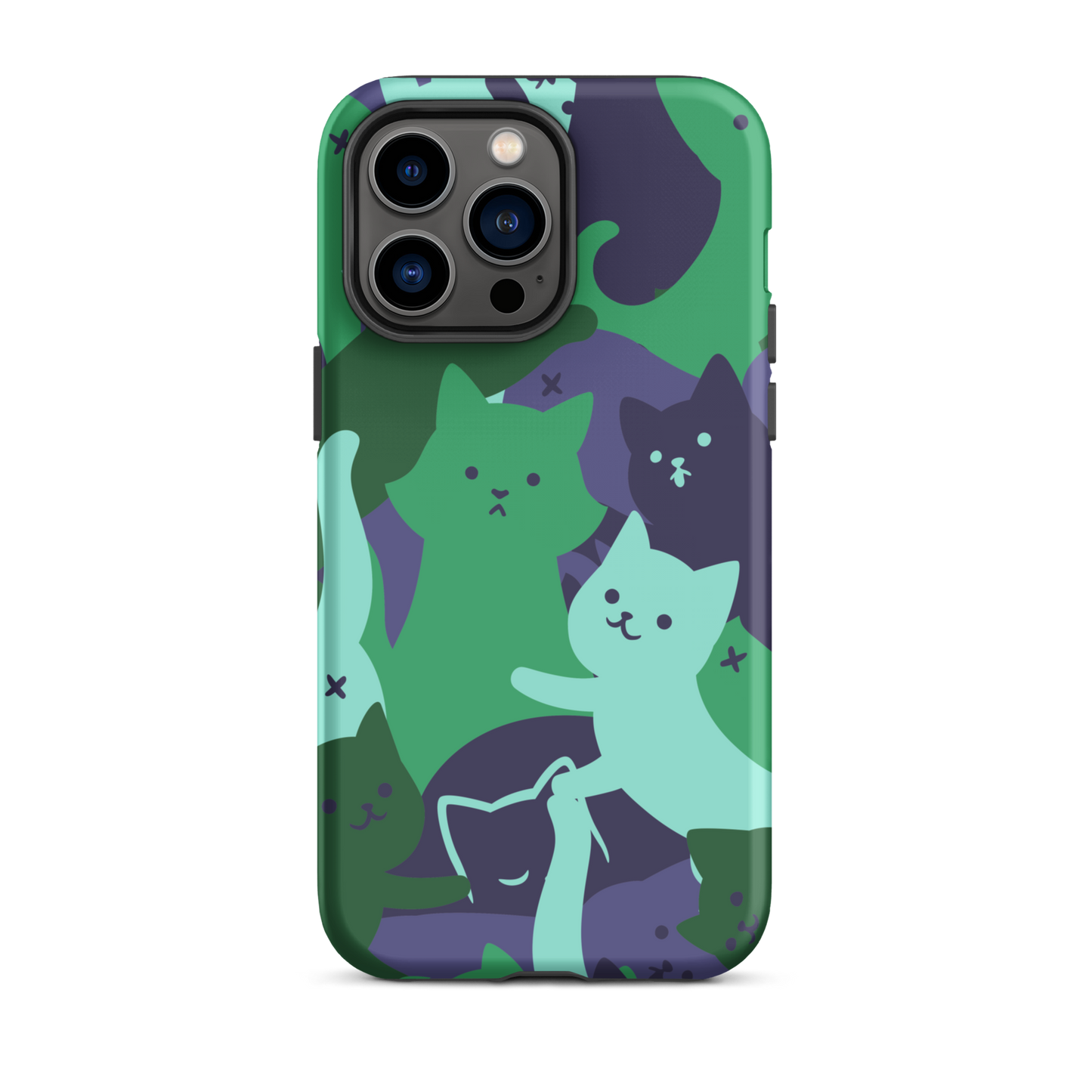 A playful pattern featuring multiple kittens in shades of green and blue, arranged to create a soft camouflage effect. This design blends cute cats with a modern pattern aesthetic, perfect for fans of fun, stylish, and whimsical art.