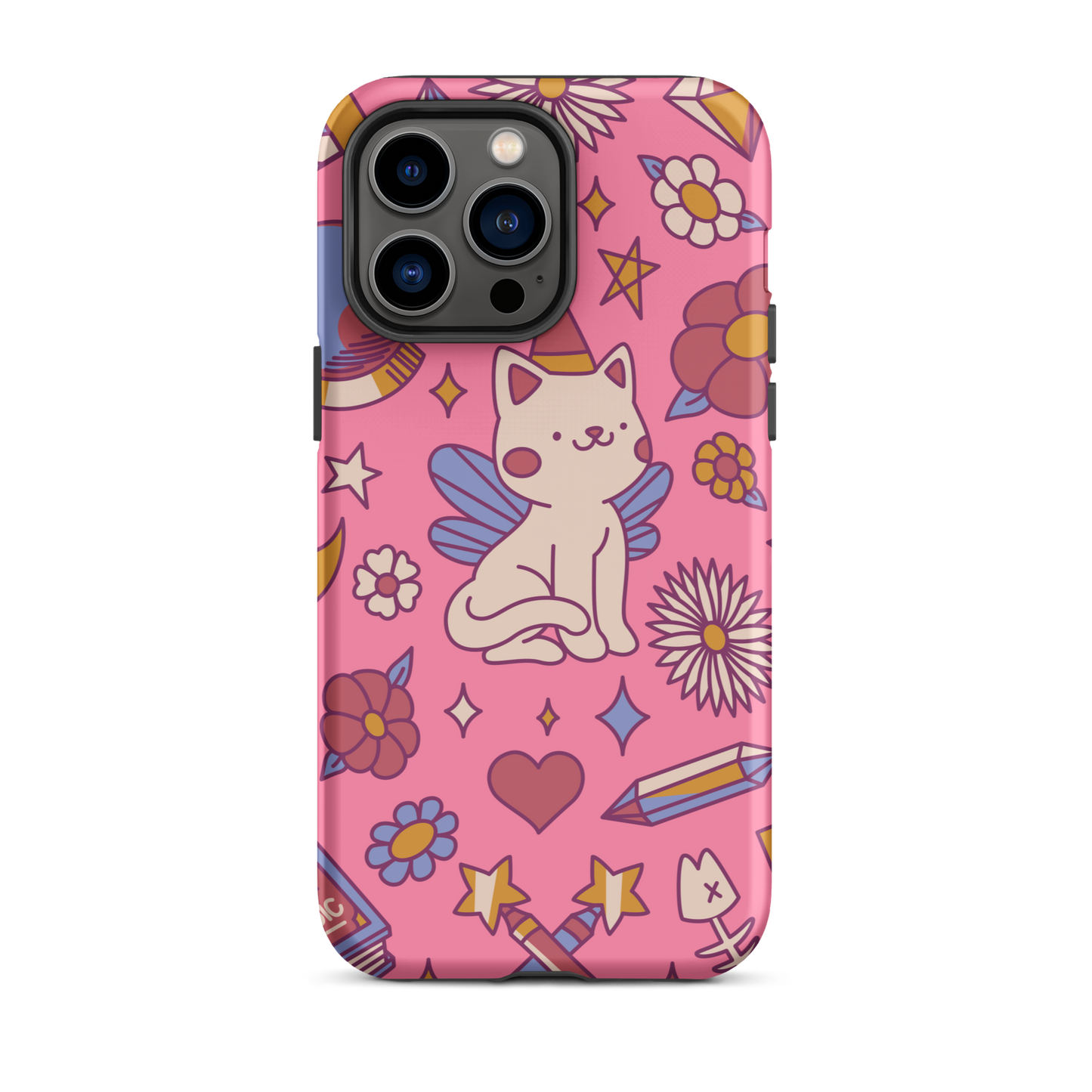 A seamless pattern featuring a magical winged kitten surrounded by crystals, flowers, tarot cards, mushrooms and other mystical elements in soft pastel tones. A playful and whimsical design with a cute, magical vibe.
