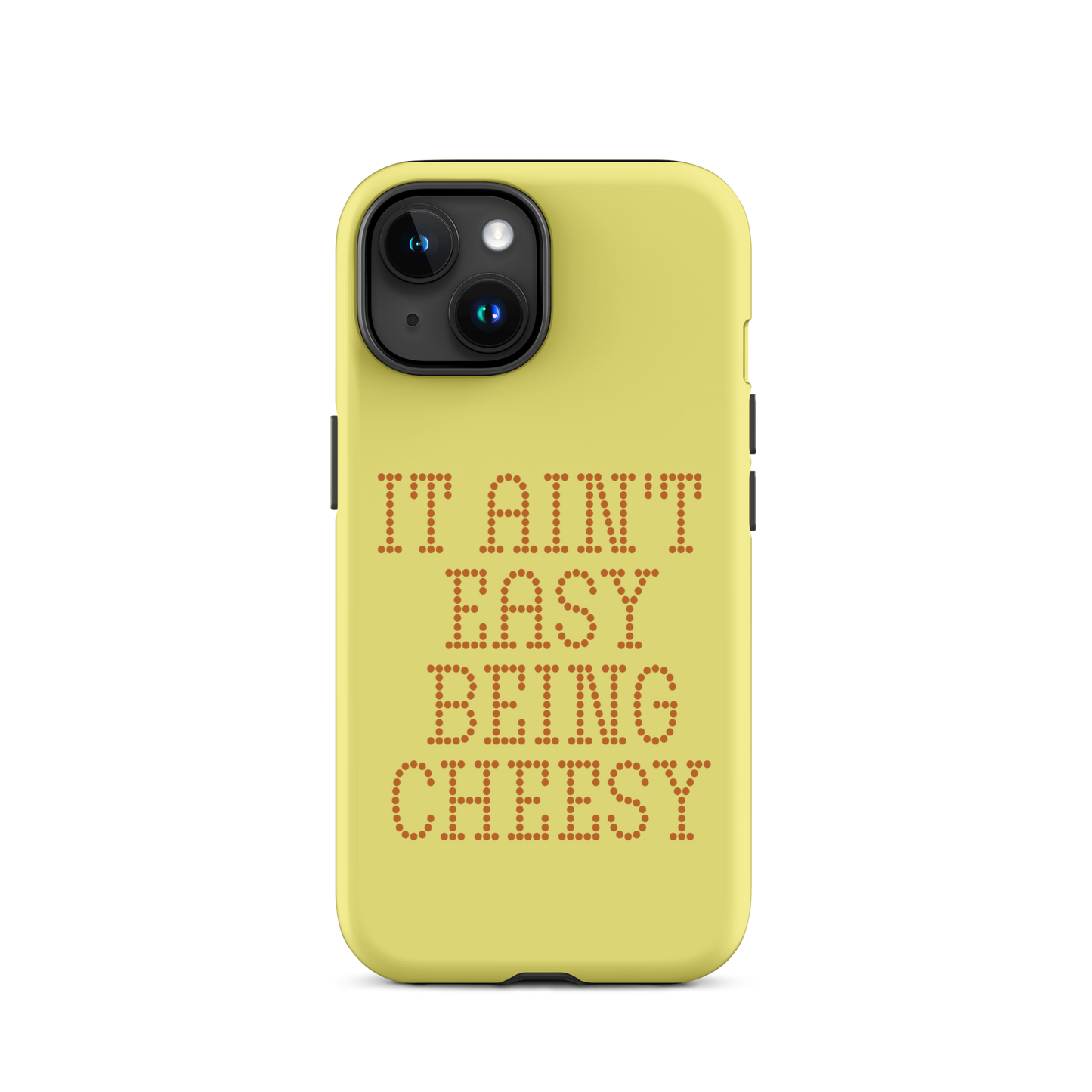 Bold dotted typography spells out ‘It Ain’t Easy Being Cheesy’ in a playful retro style on a yellow background. This funny design mixes wordplay with foodie humor, perfect for pun lovers, cheese fans, retro humor enthusiasts, and anyone who embraces the cringe with pride. A great quirky gift for cheese lovers and humor fans alike.