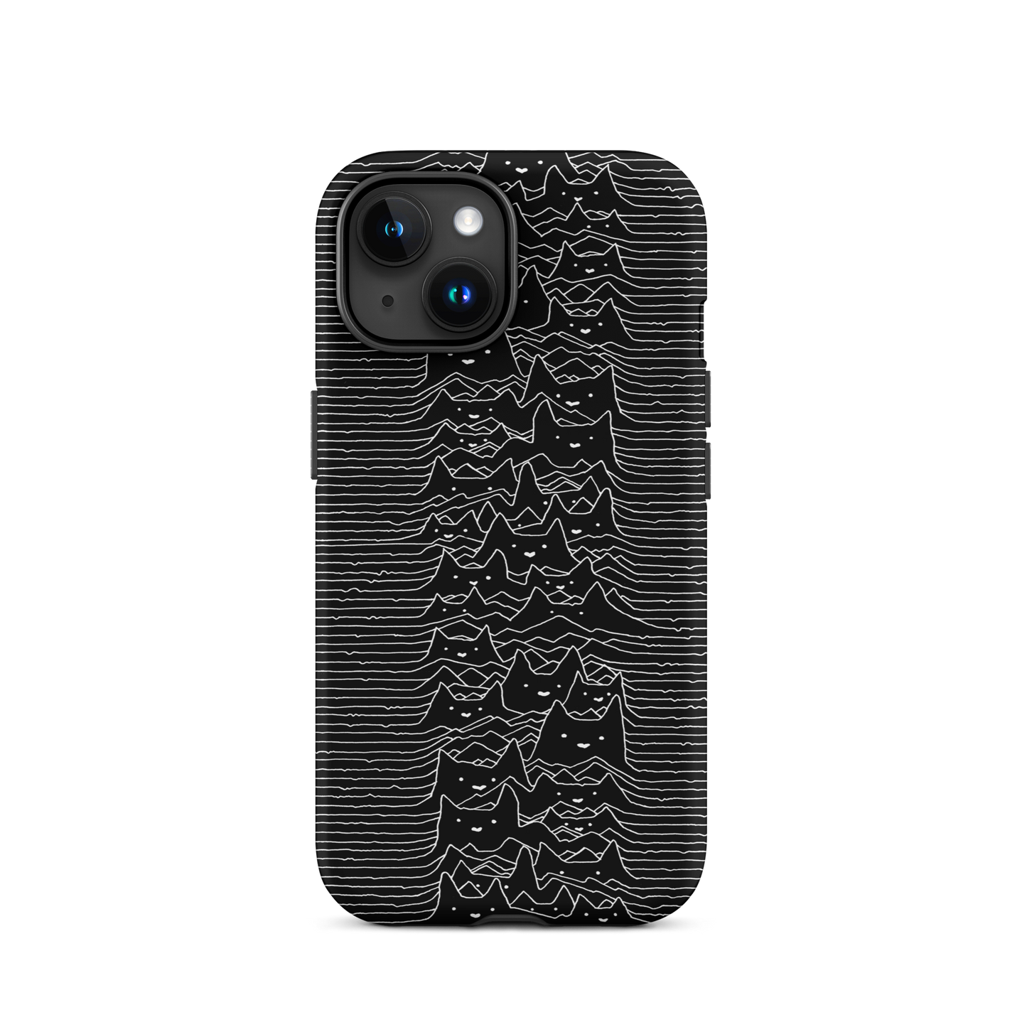 The drawing is a series of continuous wavy lines forming a pattern reminiscent of sound waves or topographic maps, but with an unexpected twist: the lines create the shapes of numerous cat faces stacked vertically. Each cat has simple, expressive features with pointed ears, adding a whimsical element to the otherwise structured pattern.