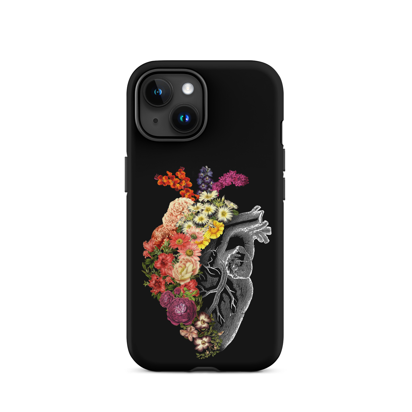 The design is an intricate and anatomical drawing of a human heart on a black background. The left side of the heart morphs into a vibrant assortment of colorful flowers, including roses, daisies, and other blooming blossoms, creating a striking contrast between the realistic and the surreal, symbolizing the harmony between nature and humanity.