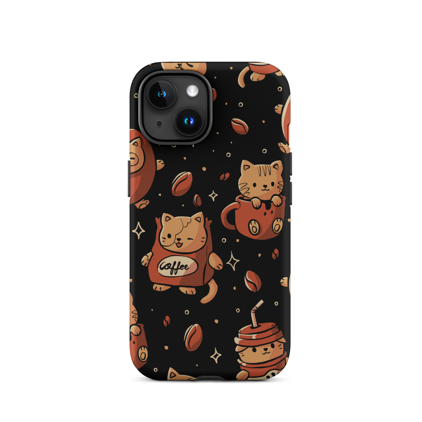 A pattern featuring several cute kittens appears in different coffee-themed versions: inside cups, as coffee beans, and on playful packaging. This artwork combines a love for cats and coffee in a charming and humorous composition. Perfect for cat lovers, coffee lovers, baristas, and anyone who enjoys cute and cozy designs.