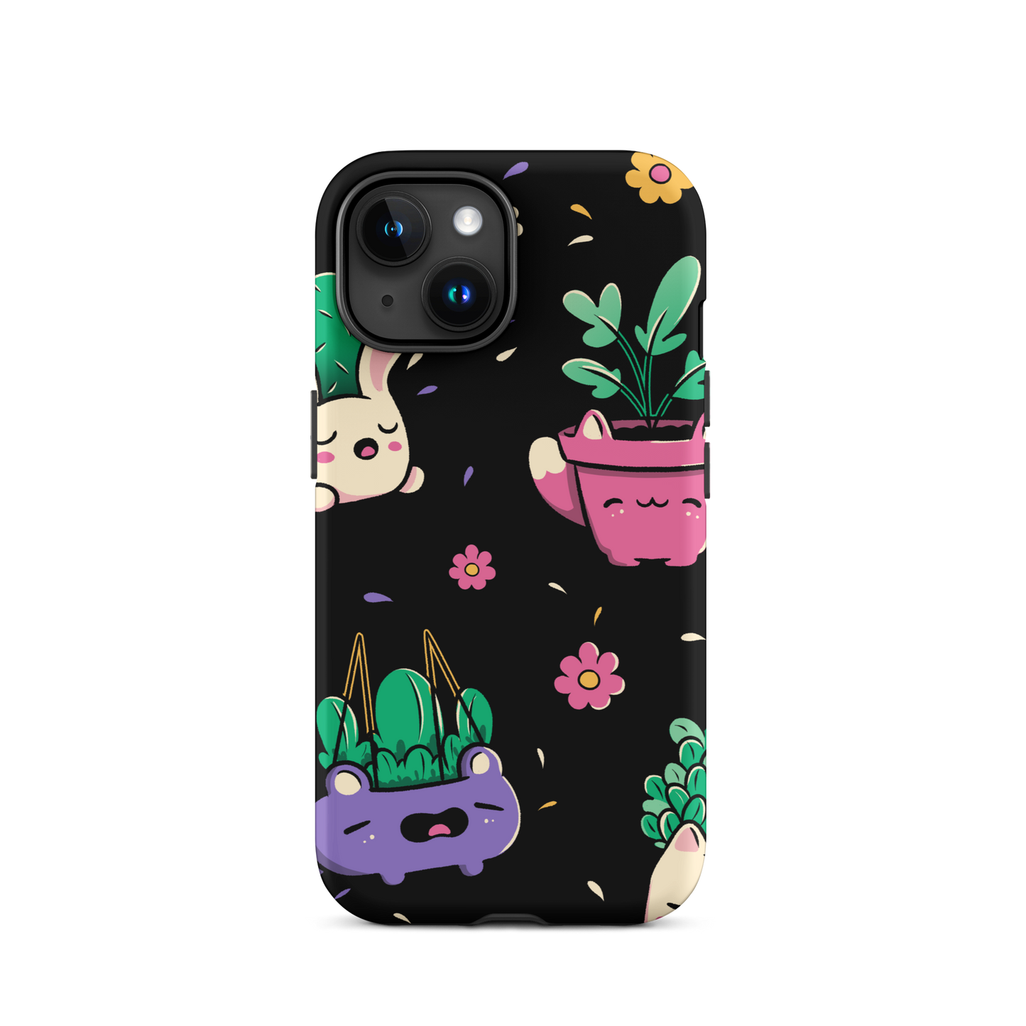An endearing pattern featuring petite potted plants creatively shaped like adorable animals, arranged in a charming repeating composition. This enchanting design is perfect for plant enthusiasts who adore greenery and love surrounding themselves with whimsical, nature-inspired details.