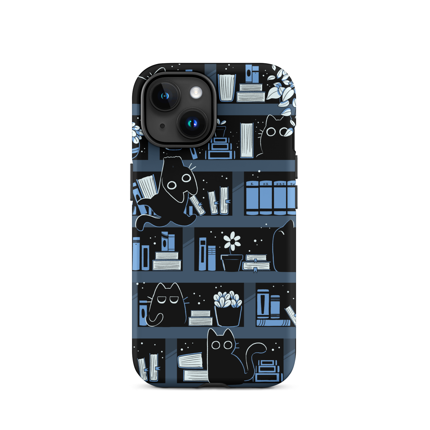 A pattern designed to resemble one large bookshelf filled with books, plants and playful little black kittens tucked between the shelves. An artwork in shades of black and blue, perfect for those who love cats, books and plants.