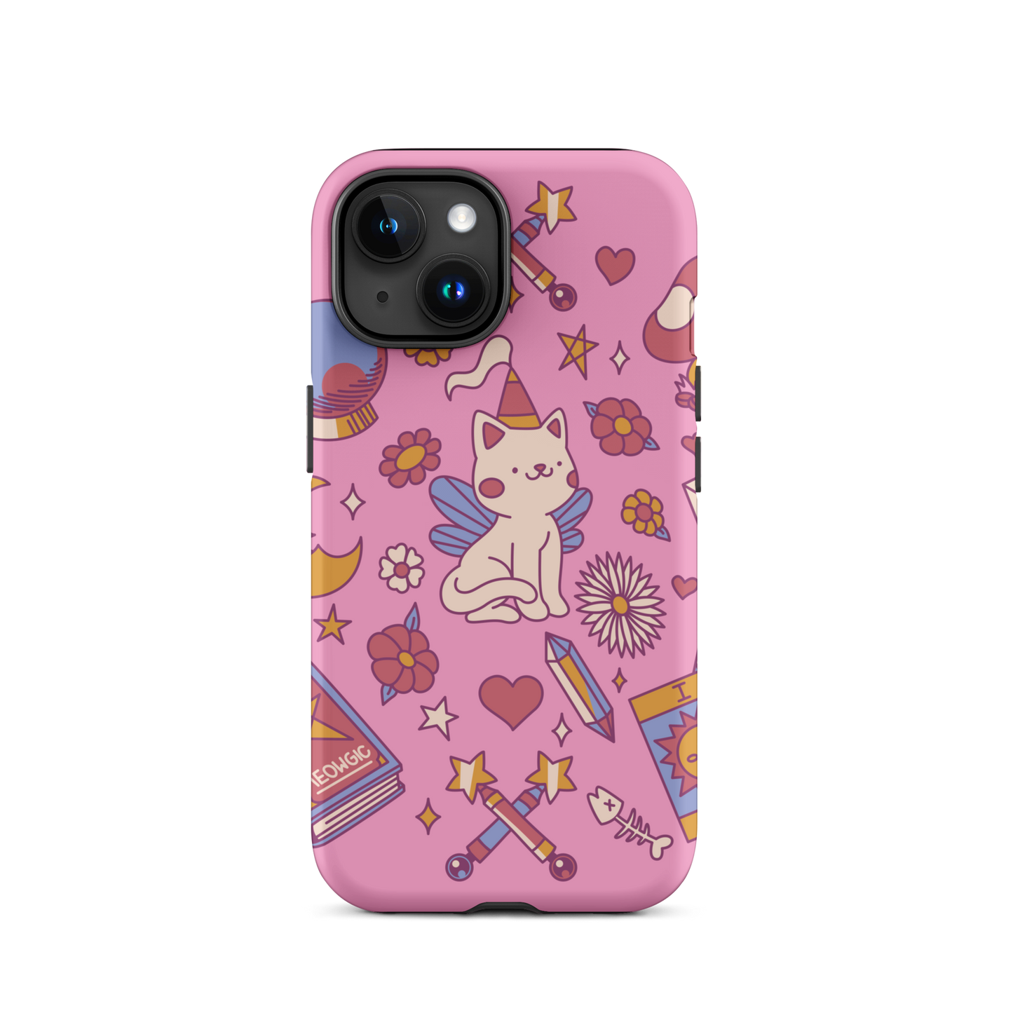 The artwork depicts a magical kitten with wings and a little hat, surrounded by crystals, flowers, tarot cards, mushrooms, and mystical elements in pastel shades. The design blends cute fantasy with colorful witchy aesthetics, creating an enchanting, lighthearted composition full of fun details. Perfect for lovers of cute mysticism, tarot, magical cats, and anyone who enjoys colorful prints with a magical vibe.