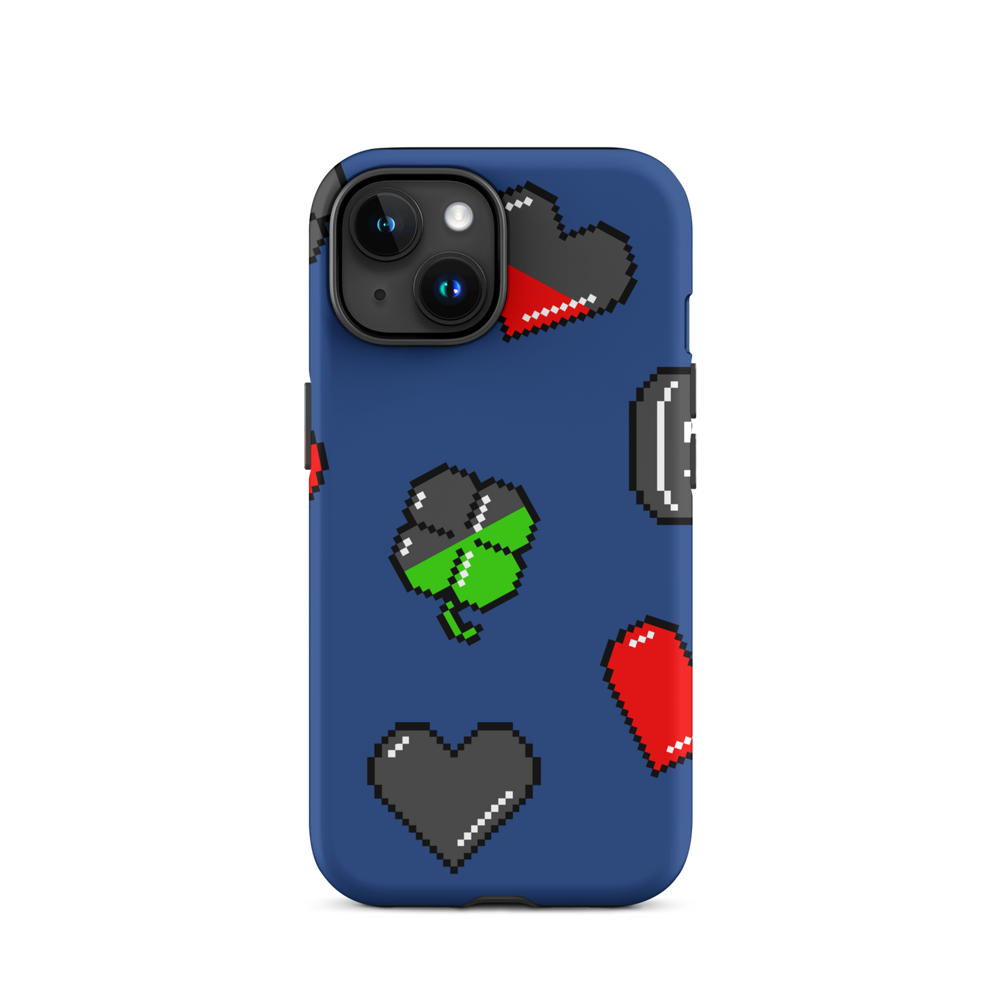 A repeating pattern made of 8-bit video game icons like hearts, four-leaf clovers, and coins. A nostalgic pixel art design inspired by classic games and retro digital culture.