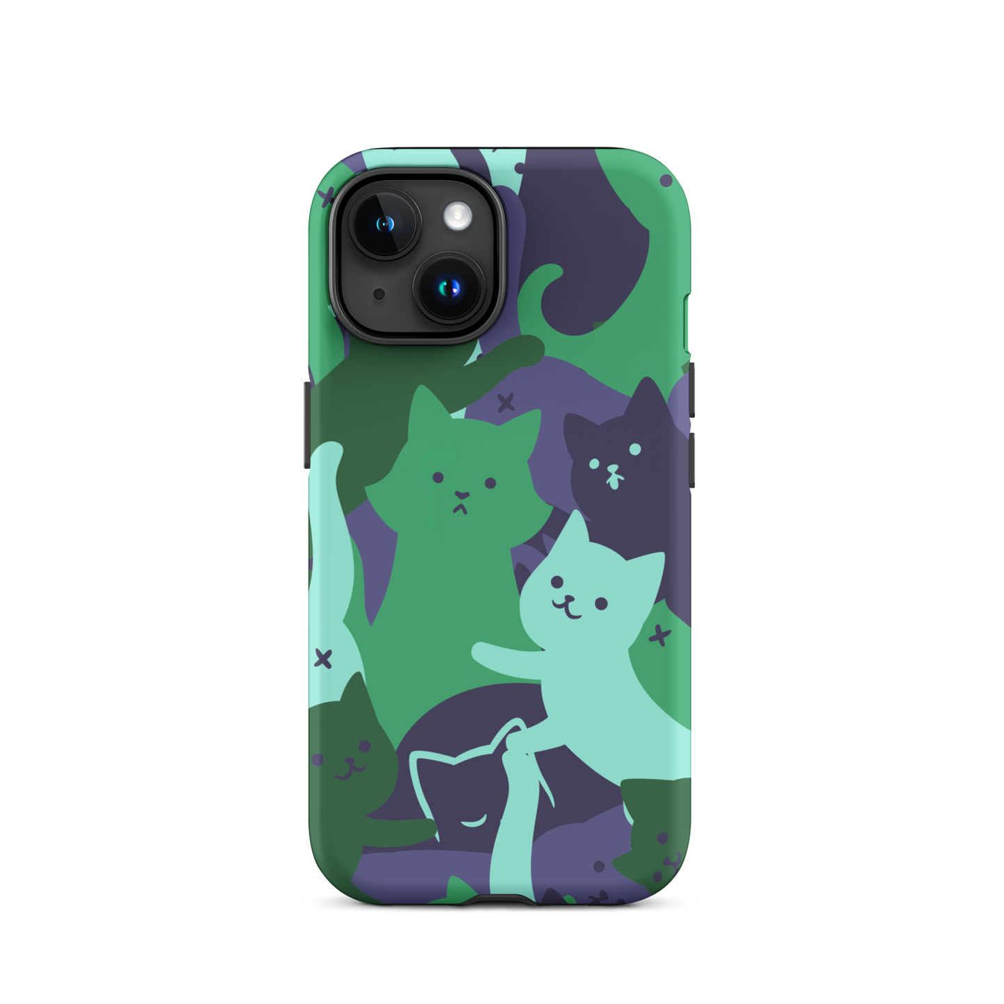 A playful pattern featuring multiple kittens in shades of green and blue, arranged to create a soft camouflage effect. This design blends cute cats with a modern pattern aesthetic, perfect for fans of fun, stylish, and whimsical art.