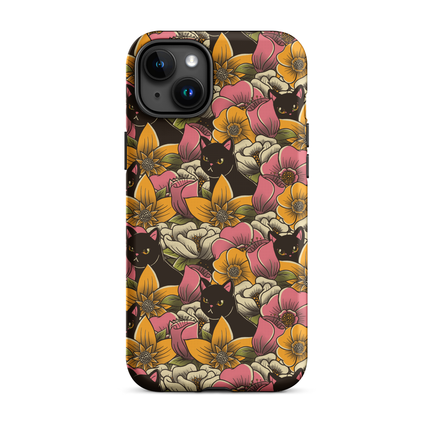 The image features a repeating pattern of colorful flowers in pink, yellow, and cream hues with lush green foliage. Interspersed among the flowers are playful black cats with bright eyes. The design has a whimsical and vibrant feel, ideal for various products like t-shirts, stickers, coffee cups, and skateboards. The style is reminiscent of traditional floral art blended with playful elements of animal decor.