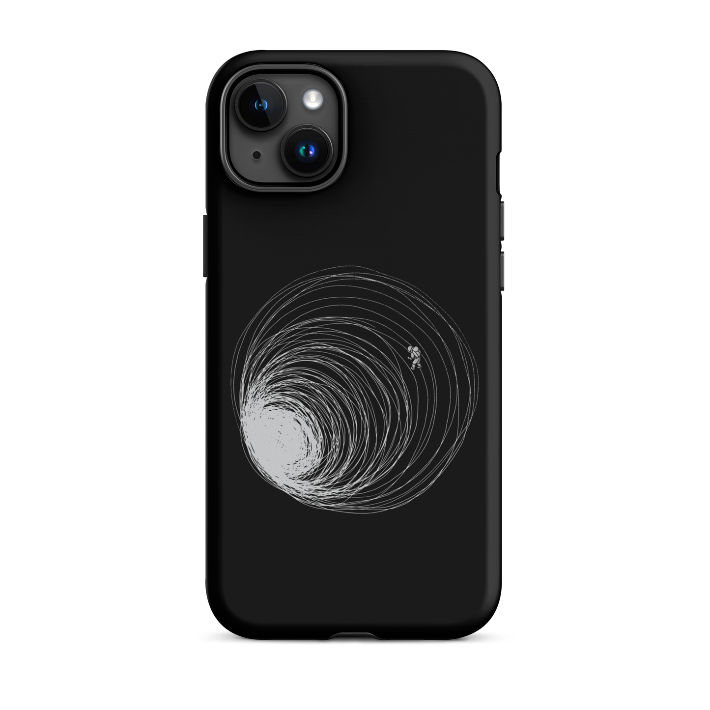 A big black hole with an astronaut floating around as if being sucked into it. A minimalist art perfect for those who love space.