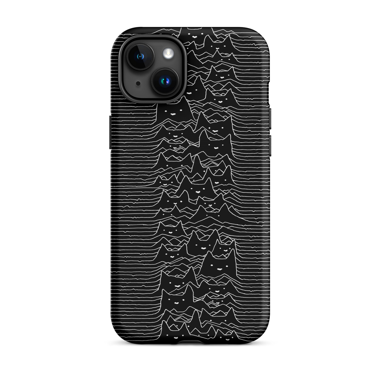 The drawing is a series of continuous wavy lines forming a pattern reminiscent of sound waves or topographic maps, but with an unexpected twist: the lines create the shapes of numerous cat faces stacked vertically. Each cat has simple, expressive features with pointed ears, adding a whimsical element to the otherwise structured pattern.