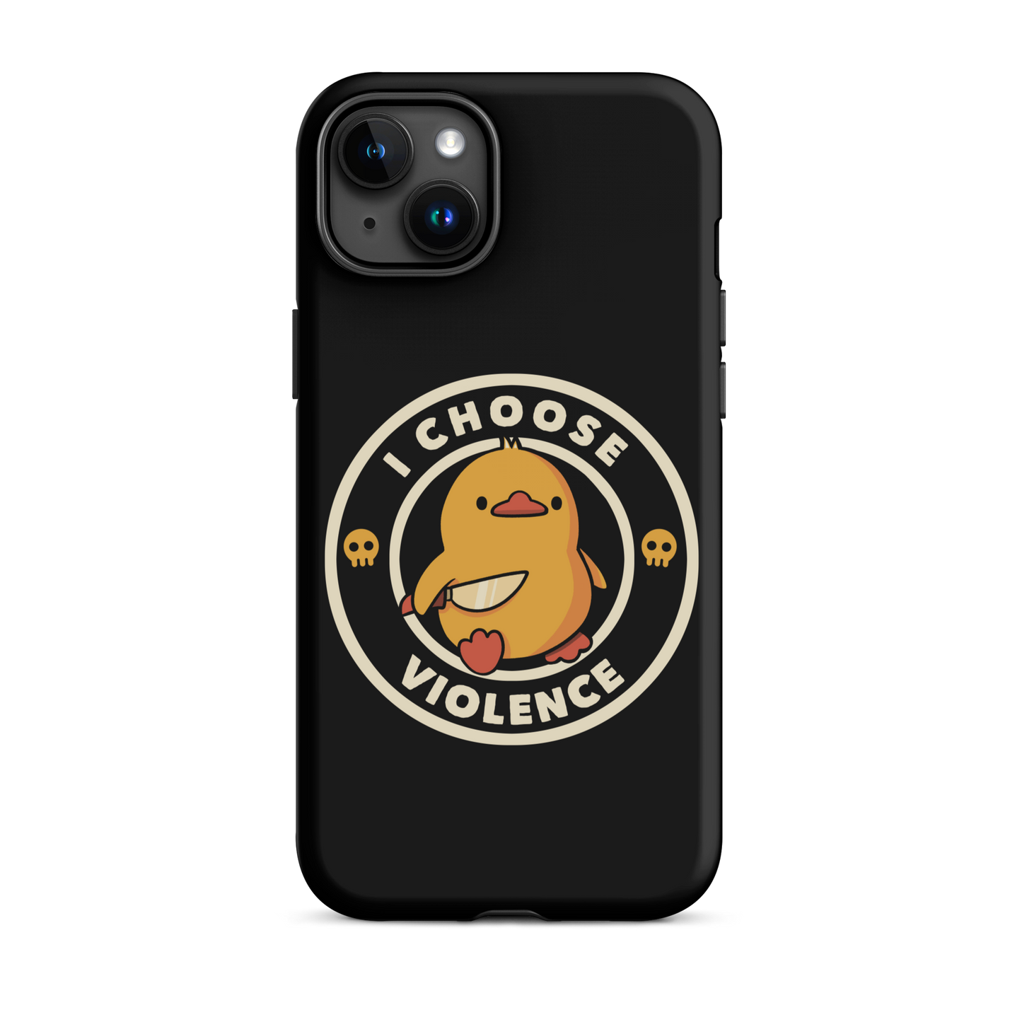 A cute, cartoon-style yellow duckling stands confidently holding a large knife in its wing. The duckling is encircled by text saying 'I CHOOSE VIOLENCE' in bold white letters. Small skull symbols flank the chick on either side, adding a touch of humor and irony to the otherwise adorable drawing.