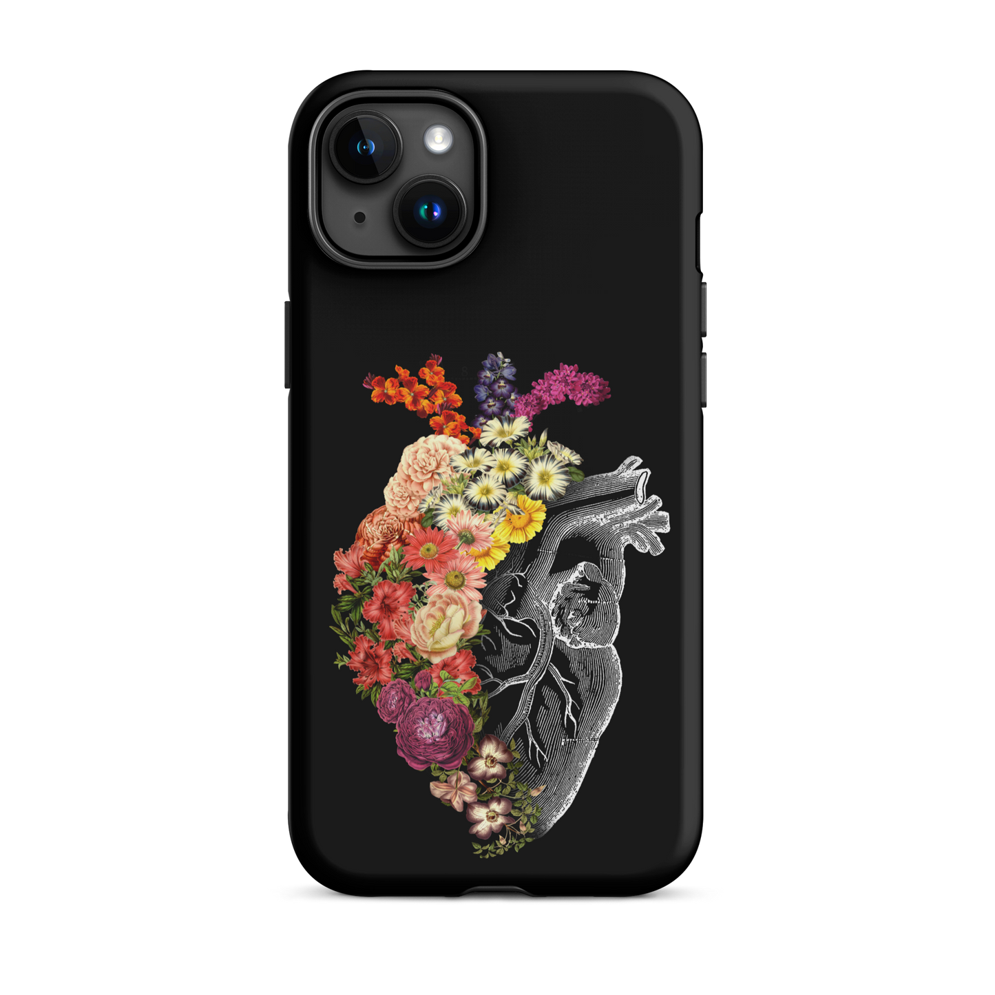 The design is an intricate and anatomical drawing of a human heart on a black background. The left side of the heart morphs into a vibrant assortment of colorful flowers, including roses, daisies, and other blooming blossoms, creating a striking contrast between the realistic and the surreal, symbolizing the harmony between nature and humanity.