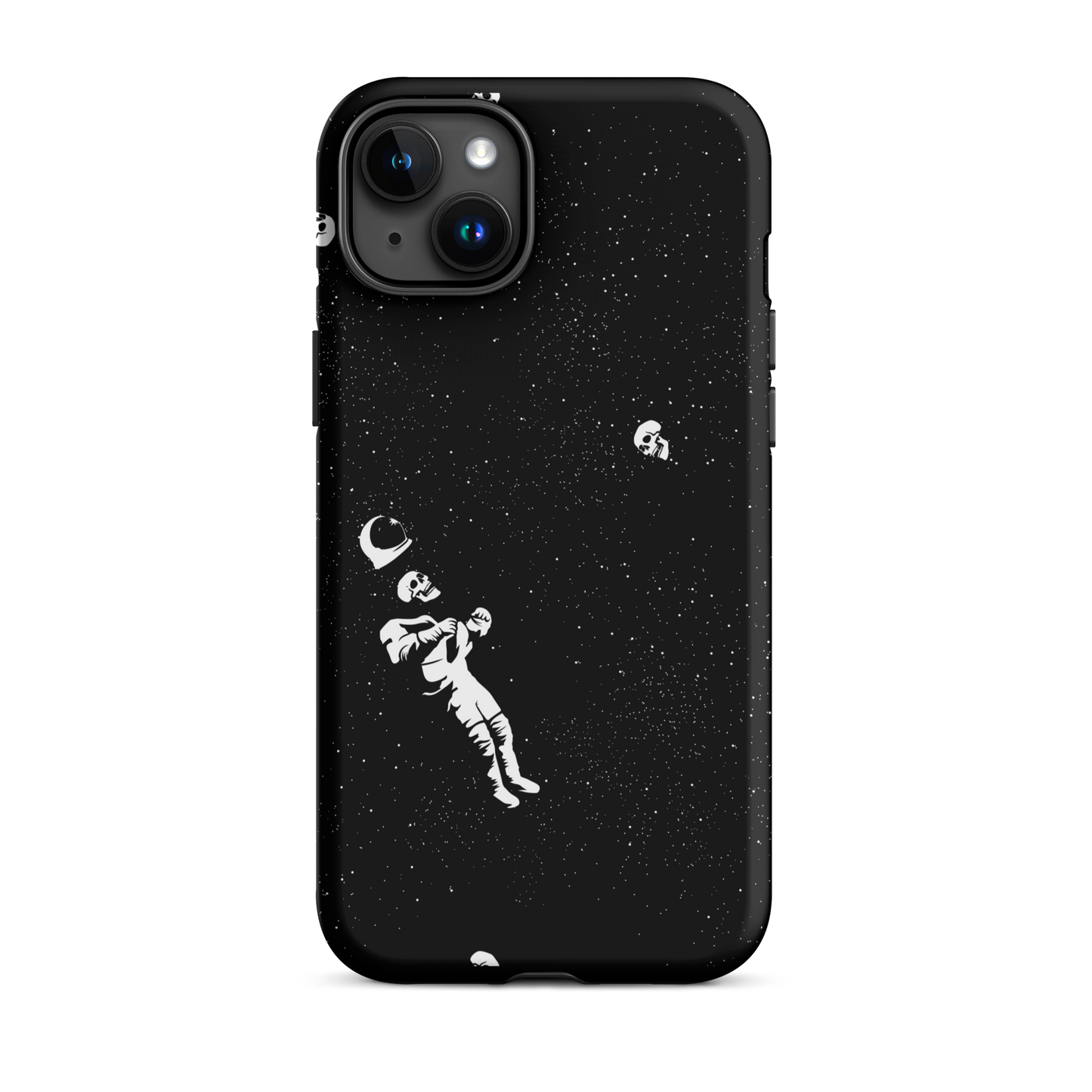 This image features a white astronaut figures floating in a dark, starry space background. The astronaut is surrounded by small celestial bodies and crescent moons, giving a sense of drifting through the cosmos. The design is intricate and has a whimsical, dreamy quality, with a vintage-inspired look, evoking a sense of exploration and wonder.