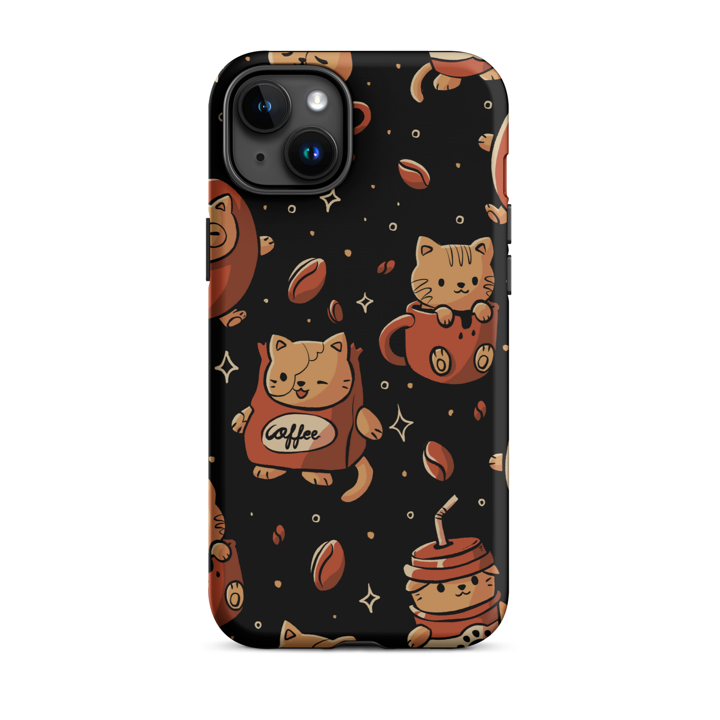 A pattern featuring several cute kittens appears in different coffee-themed versions: inside cups, as coffee beans, and on playful packaging. This artwork combines a love for cats and coffee in a charming and humorous composition. Perfect for cat lovers, coffee lovers, baristas, and anyone who enjoys cute and cozy designs.
