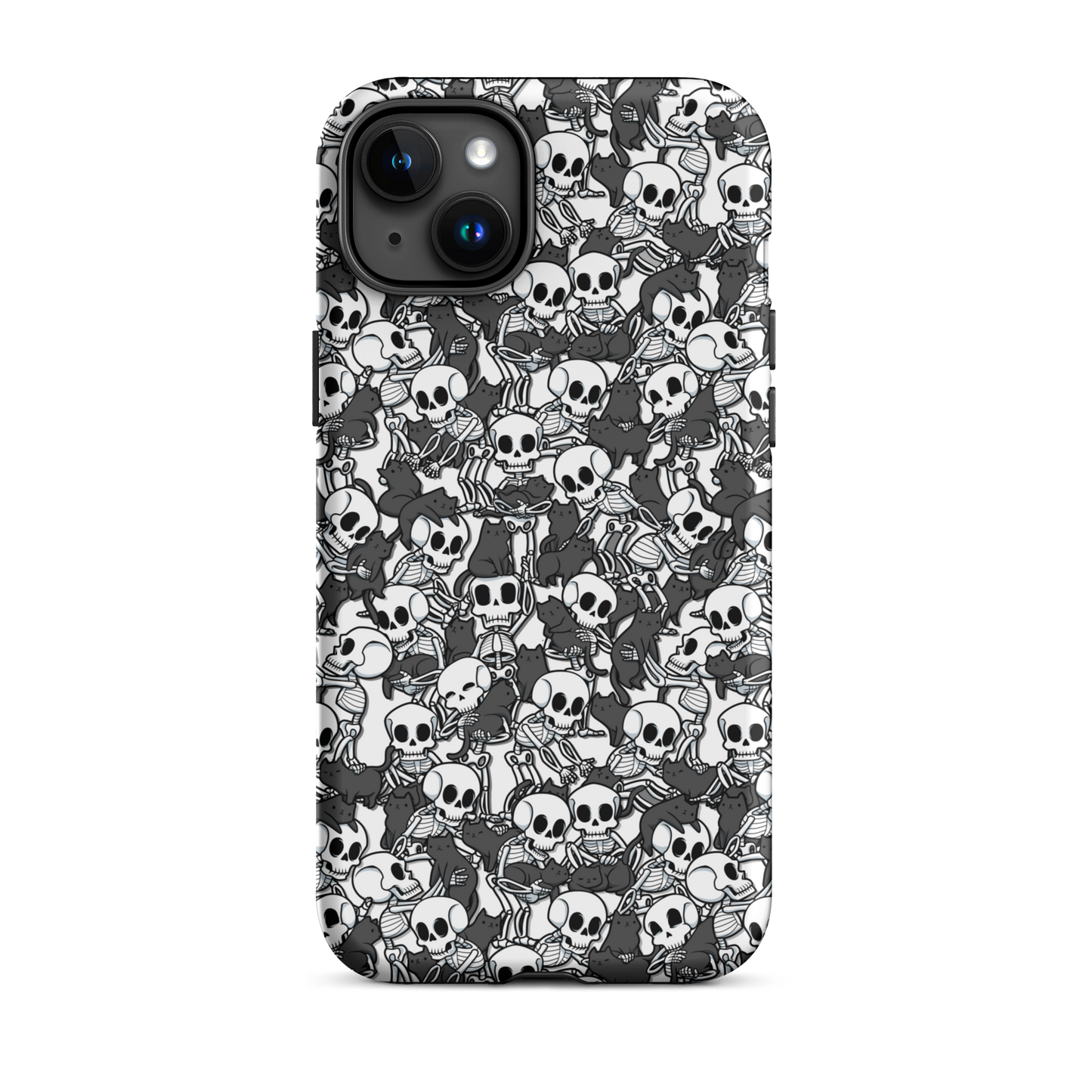 This artwork shows a playful pattern of cartoon skeletons cuddling and interacting with adorable black cats. It blends spooky charm with cozy, humorous vibes, creating a perfect aesthetic between macabre and cute. Ideal for fans of Halloween, gothic aesthetics, or anyone who loves fun prints with personality.