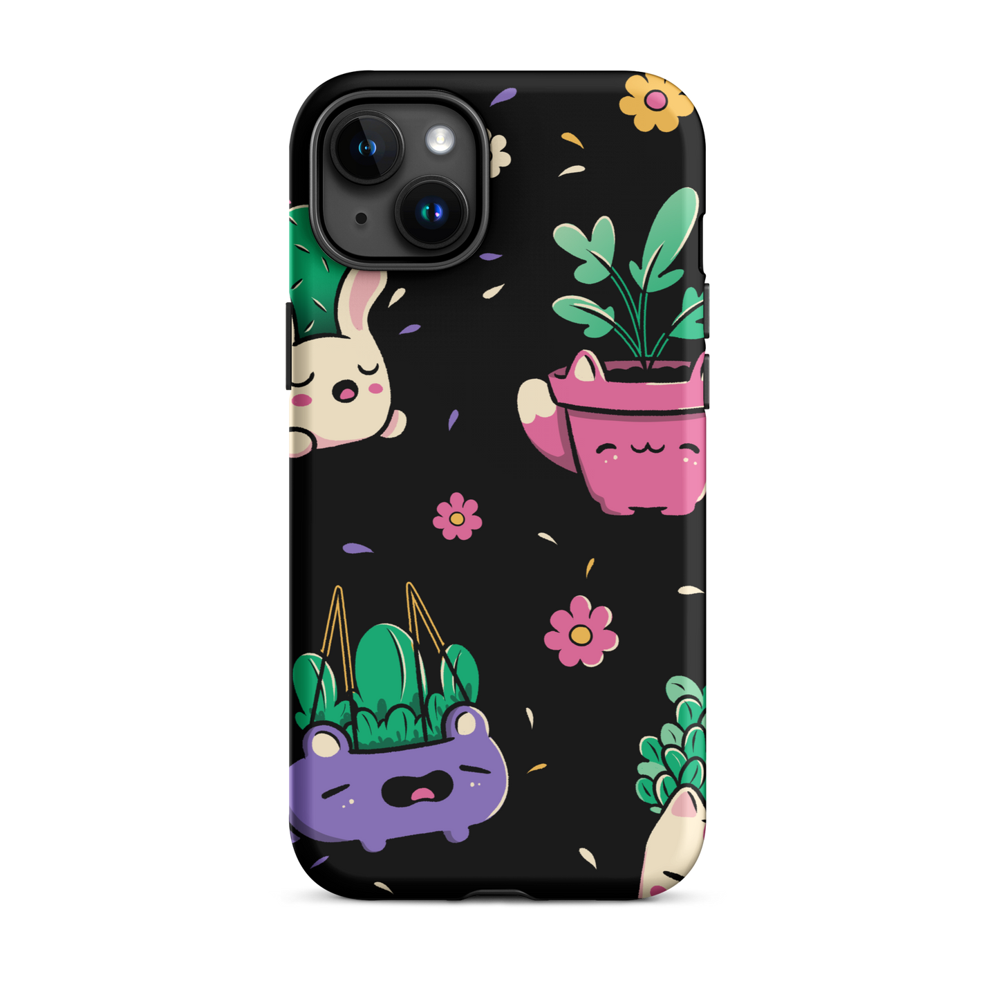 An endearing pattern featuring petite potted plants creatively shaped like adorable animals, arranged in a charming repeating composition. This enchanting design is perfect for plant enthusiasts who adore greenery and love surrounding themselves with whimsical, nature-inspired details.