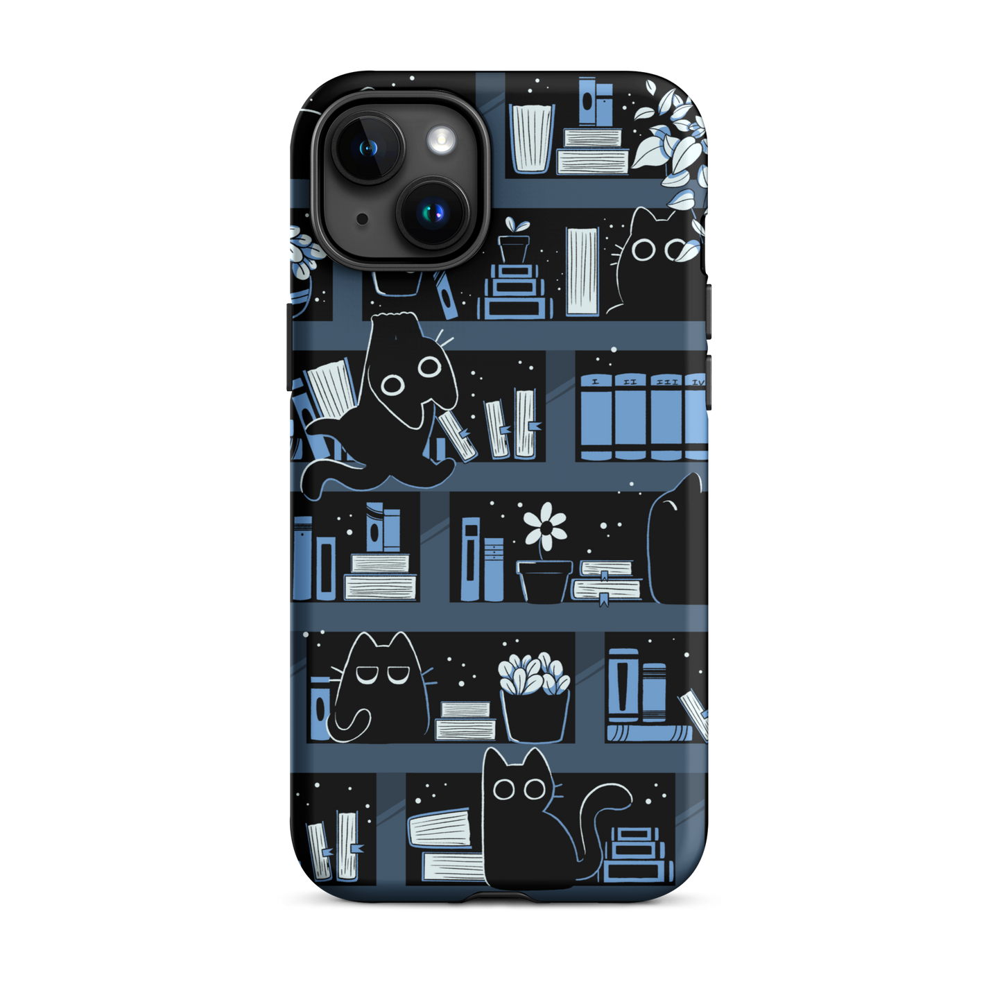 A pattern designed to resemble one large bookshelf filled with books, plants and playful little black kittens tucked between the shelves. An artwork in shades of black and blue, perfect for those who love cats, books and plants.