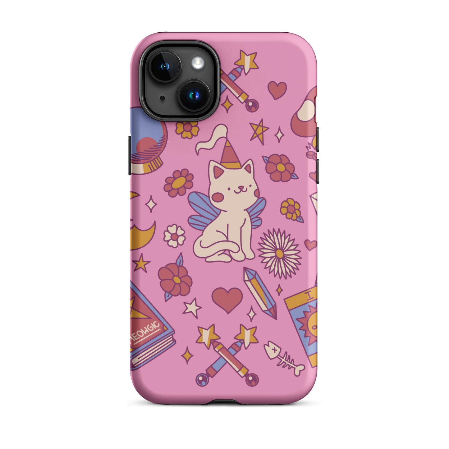 The artwork depicts a magical kitten with wings and a little hat, surrounded by crystals, flowers, tarot cards, mushrooms, and mystical elements in pastel shades. The design blends cute fantasy with colorful witchy aesthetics, creating an enchanting, lighthearted composition full of fun details. Perfect for lovers of cute mysticism, tarot, magical cats, and anyone who enjoys colorful prints with a magical vibe.