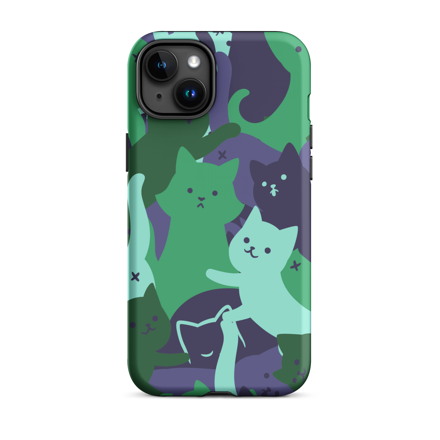 A playful pattern featuring multiple kittens in shades of green and blue, arranged to create a soft camouflage effect. This design blends cute cats with a modern pattern aesthetic, perfect for fans of fun, stylish, and whimsical art.