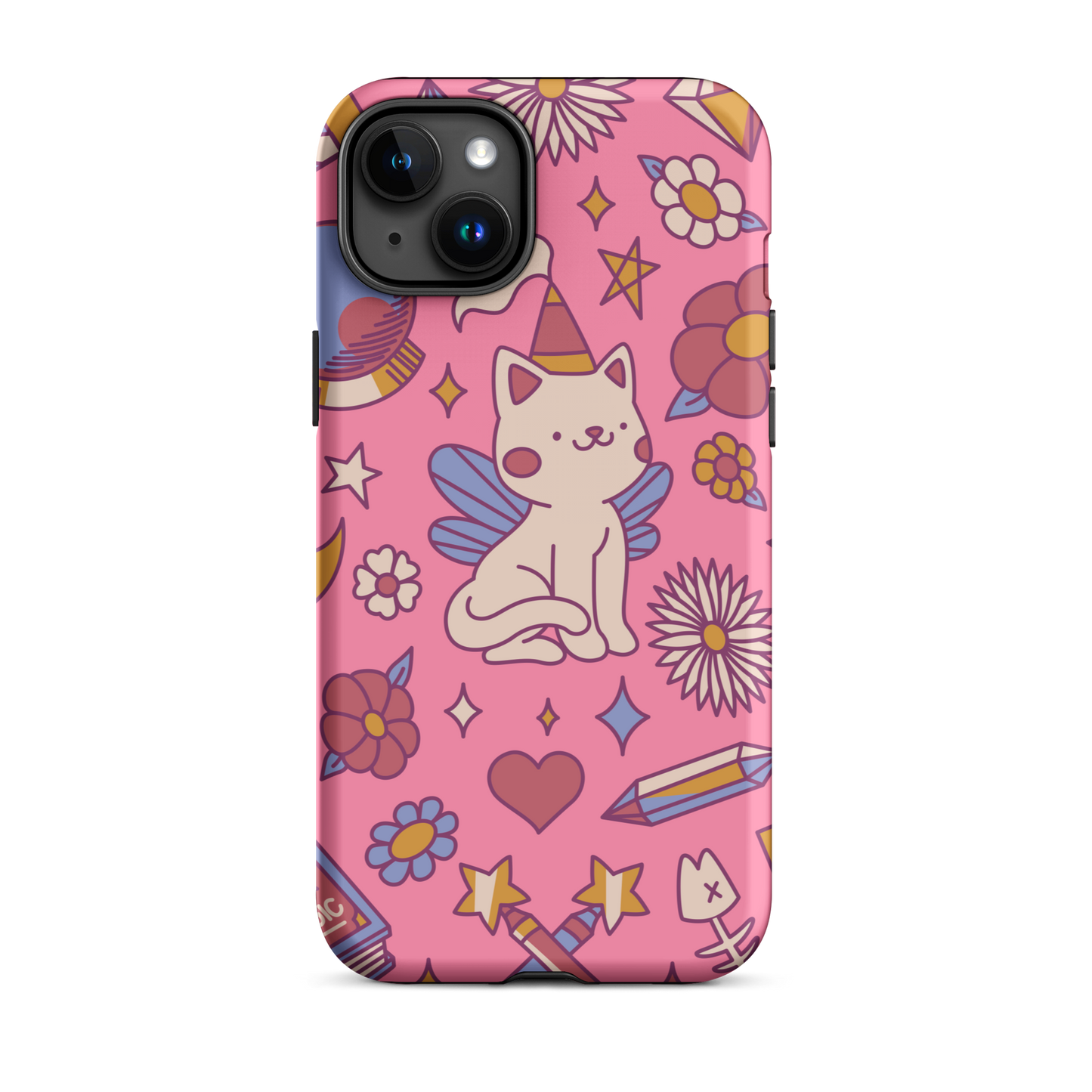 A seamless pattern featuring a magical winged kitten surrounded by crystals, flowers, tarot cards, mushrooms and other mystical elements in soft pastel tones. A playful and whimsical design with a cute, magical vibe.
