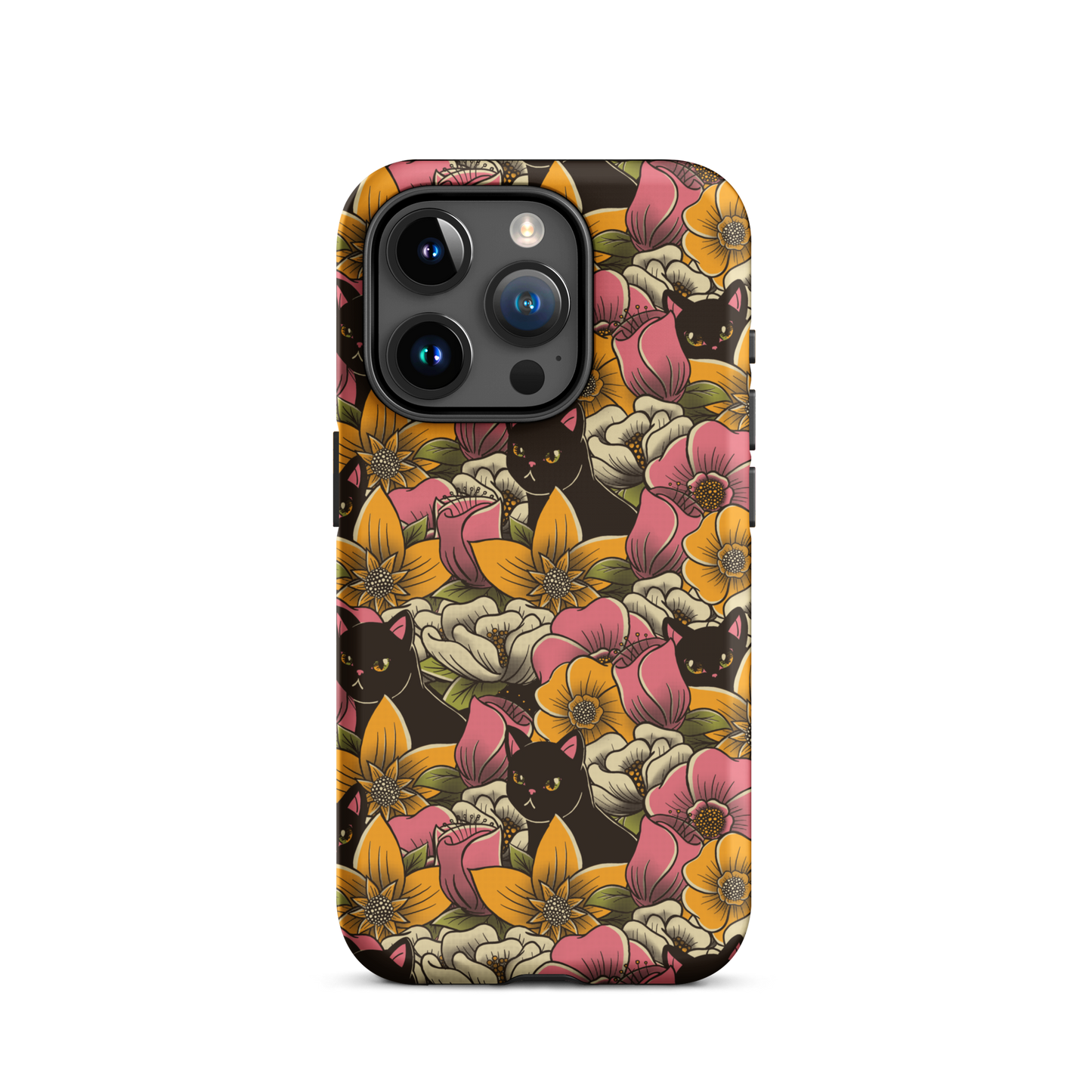 The image features a repeating pattern of colorful flowers in pink, yellow, and cream hues with lush green foliage. Interspersed among the flowers are playful black cats with bright eyes. The design has a whimsical and vibrant feel, ideal for various products like t-shirts, stickers, coffee cups, and skateboards. The style is reminiscent of traditional floral art blended with playful elements of animal decor.