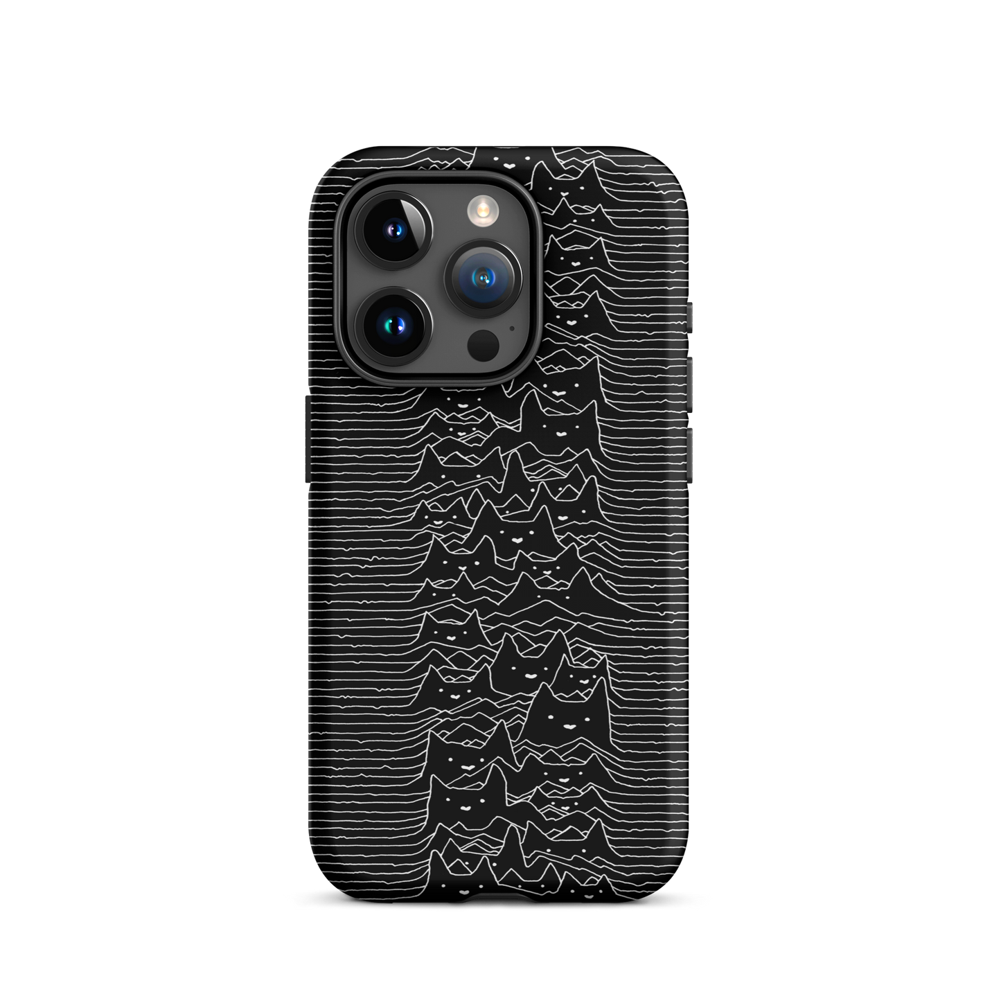 The drawing is a series of continuous wavy lines forming a pattern reminiscent of sound waves or topographic maps, but with an unexpected twist: the lines create the shapes of numerous cat faces stacked vertically. Each cat has simple, expressive features with pointed ears, adding a whimsical element to the otherwise structured pattern.