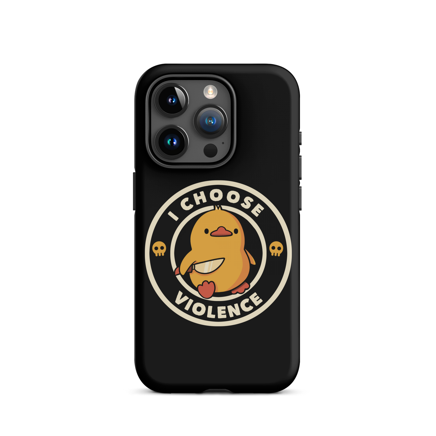 A cute, cartoon-style yellow duckling stands confidently holding a large knife in its wing. The duckling is encircled by text saying 'I CHOOSE VIOLENCE' in bold white letters. Small skull symbols flank the chick on either side, adding a touch of humor and irony to the otherwise adorable drawing.