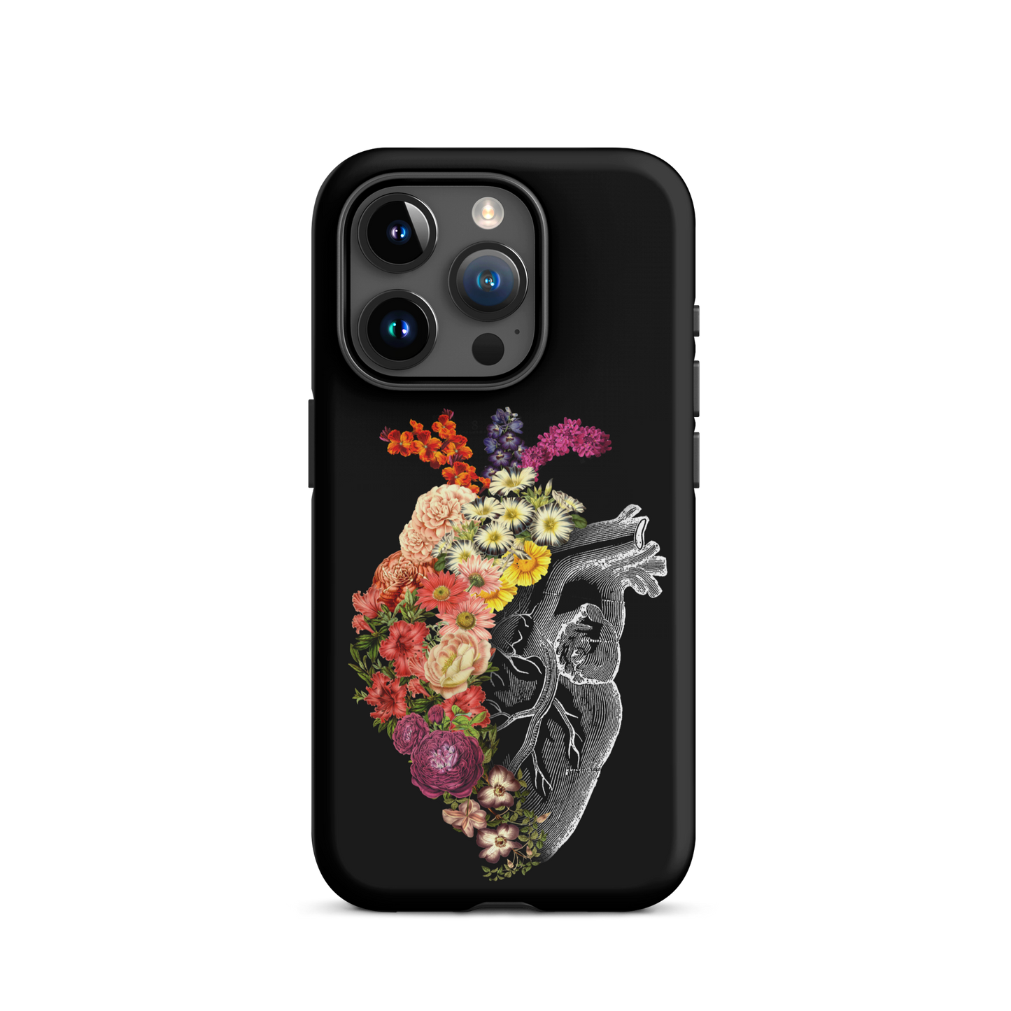 The design is an intricate and anatomical drawing of a human heart on a black background. The left side of the heart morphs into a vibrant assortment of colorful flowers, including roses, daisies, and other blooming blossoms, creating a striking contrast between the realistic and the surreal, symbolizing the harmony between nature and humanity.