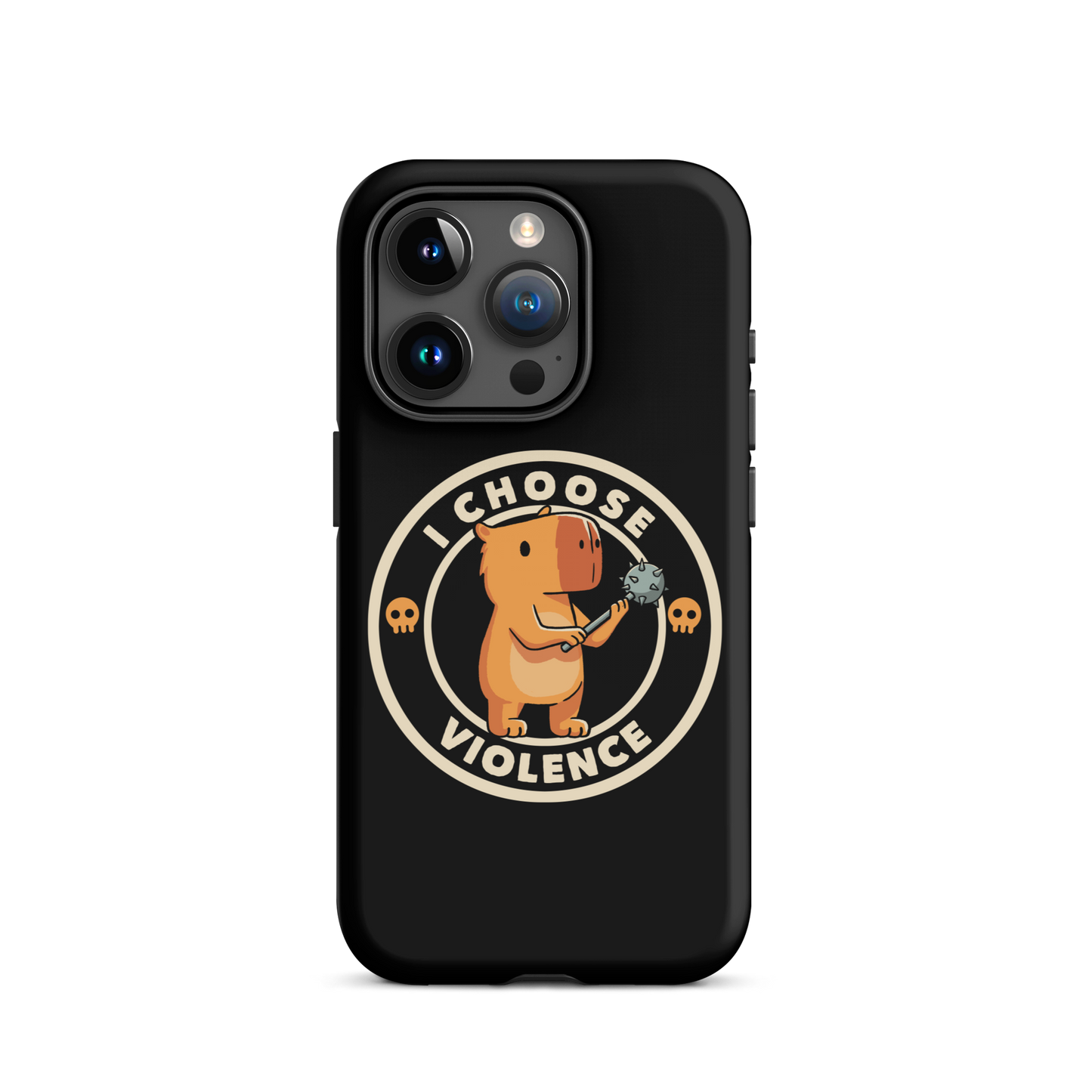 A cute, cartoonish burnt yellow capybara stands holding a spiked mace with a determined expression. Surrounding it is a circular design with the text 'I CHOOSE VIOLENCE' and two small skulls on either side, giving it a humorous yet ironic tone.