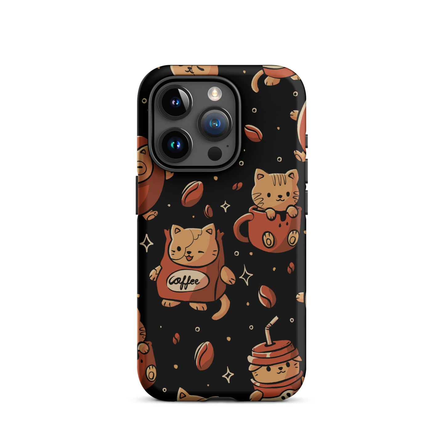 A pattern featuring several cute kittens appears in different coffee-themed versions: inside cups, as coffee beans, and on playful packaging. This artwork combines a love for cats and coffee in a charming and humorous composition. Perfect for cat lovers, coffee lovers, baristas, and anyone who enjoys cute and cozy designs.