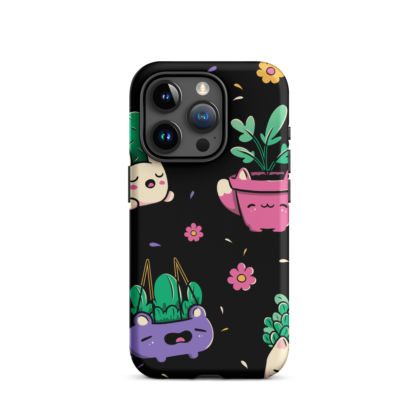 An endearing pattern featuring petite potted plants creatively shaped like adorable animals, arranged in a charming repeating composition. This enchanting design is perfect for plant enthusiasts who adore greenery and love surrounding themselves with whimsical, nature-inspired details.
