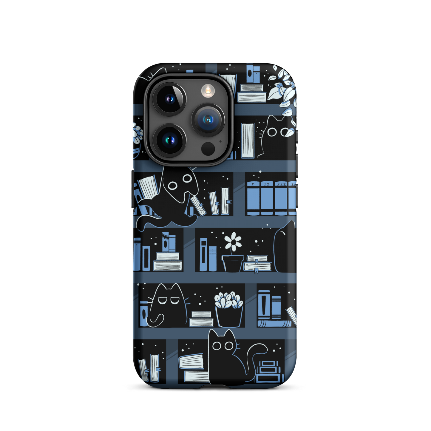 A pattern designed to resemble one large bookshelf filled with books, plants and playful little black kittens tucked between the shelves. An artwork in shades of black and blue, perfect for those who love cats, books and plants.