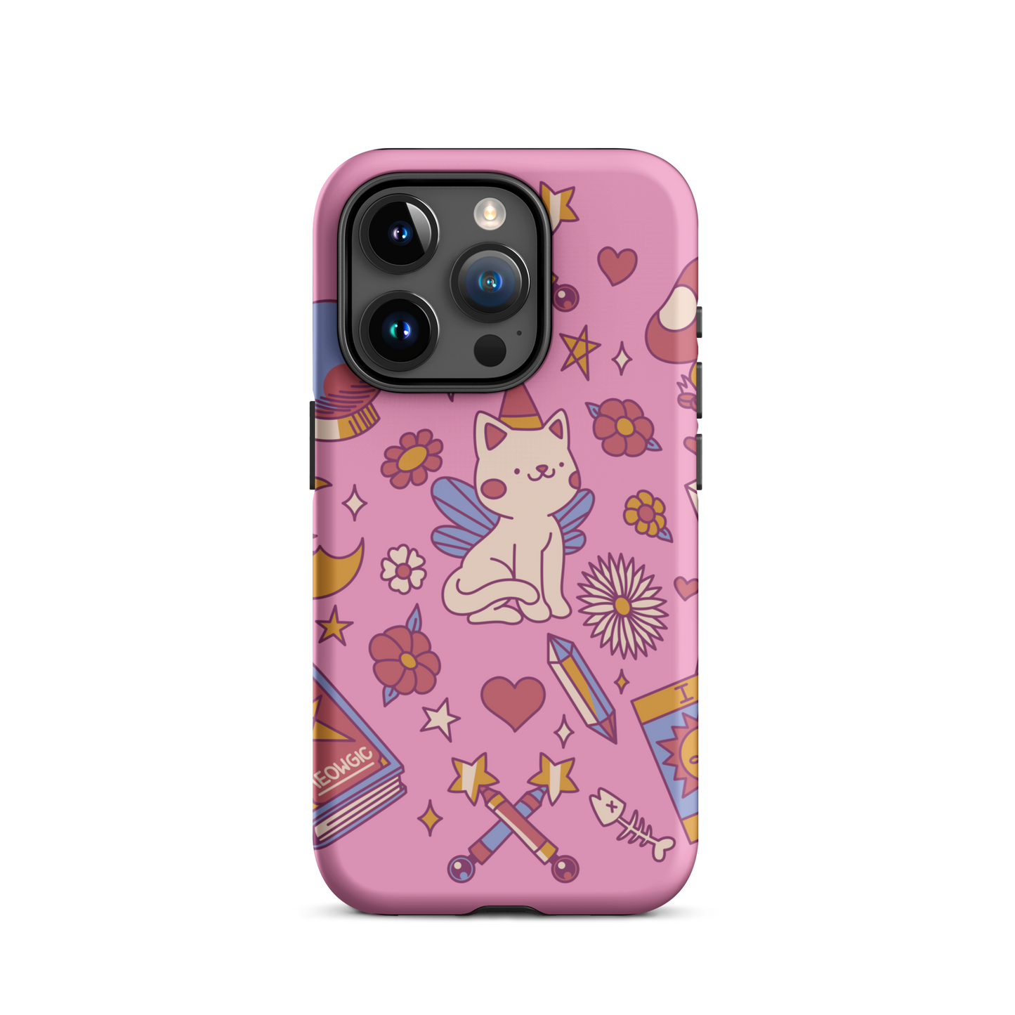 The artwork depicts a magical kitten with wings and a little hat, surrounded by crystals, flowers, tarot cards, mushrooms, and mystical elements in pastel shades. The design blends cute fantasy with colorful witchy aesthetics, creating an enchanting, lighthearted composition full of fun details. Perfect for lovers of cute mysticism, tarot, magical cats, and anyone who enjoys colorful prints with a magical vibe.