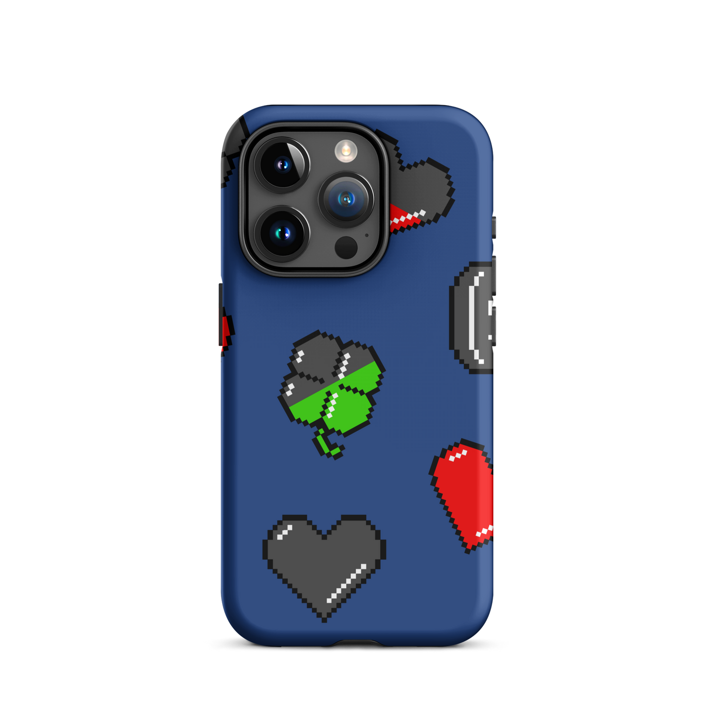 A repeating pattern made of 8-bit video game icons like hearts, four-leaf clovers, and coins. A nostalgic pixel art design inspired by classic games and retro digital culture.